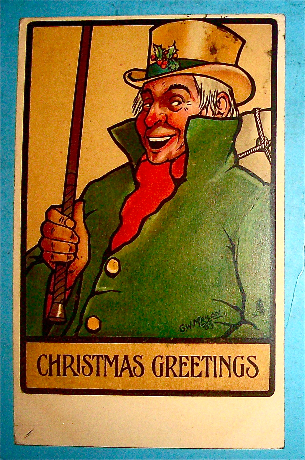 Christmas Greetings Postcard w/Man Holding Cane
