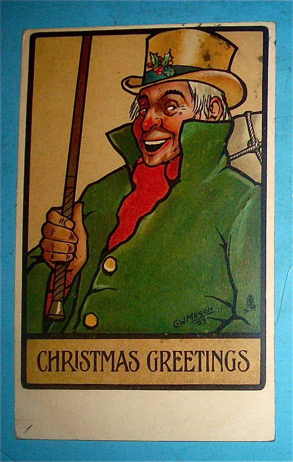 Christmas Greetings Postcard w/Man Holding Cane