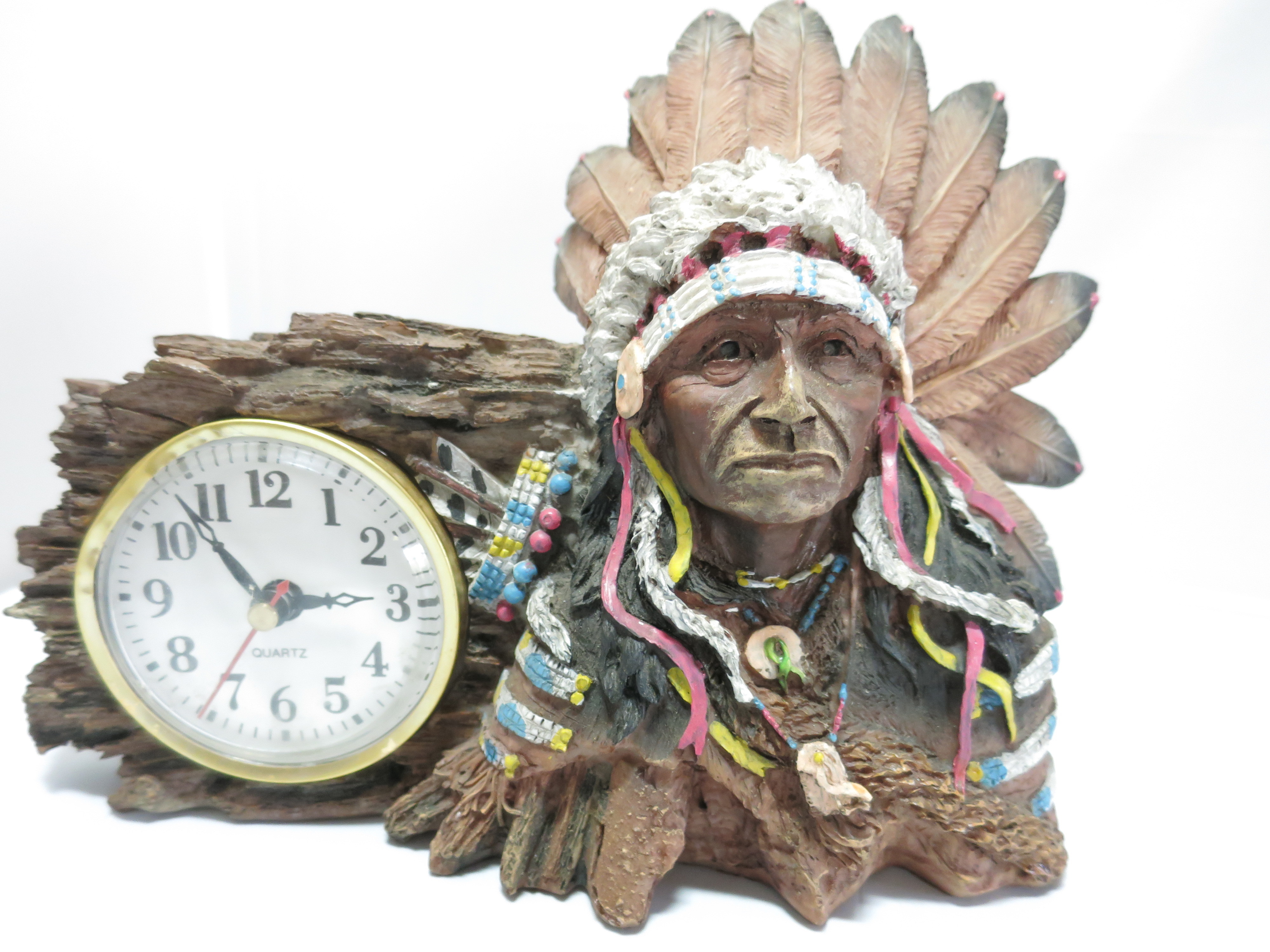 Vintage Indian Chief Figural Clock Quartz painted coldcast resin