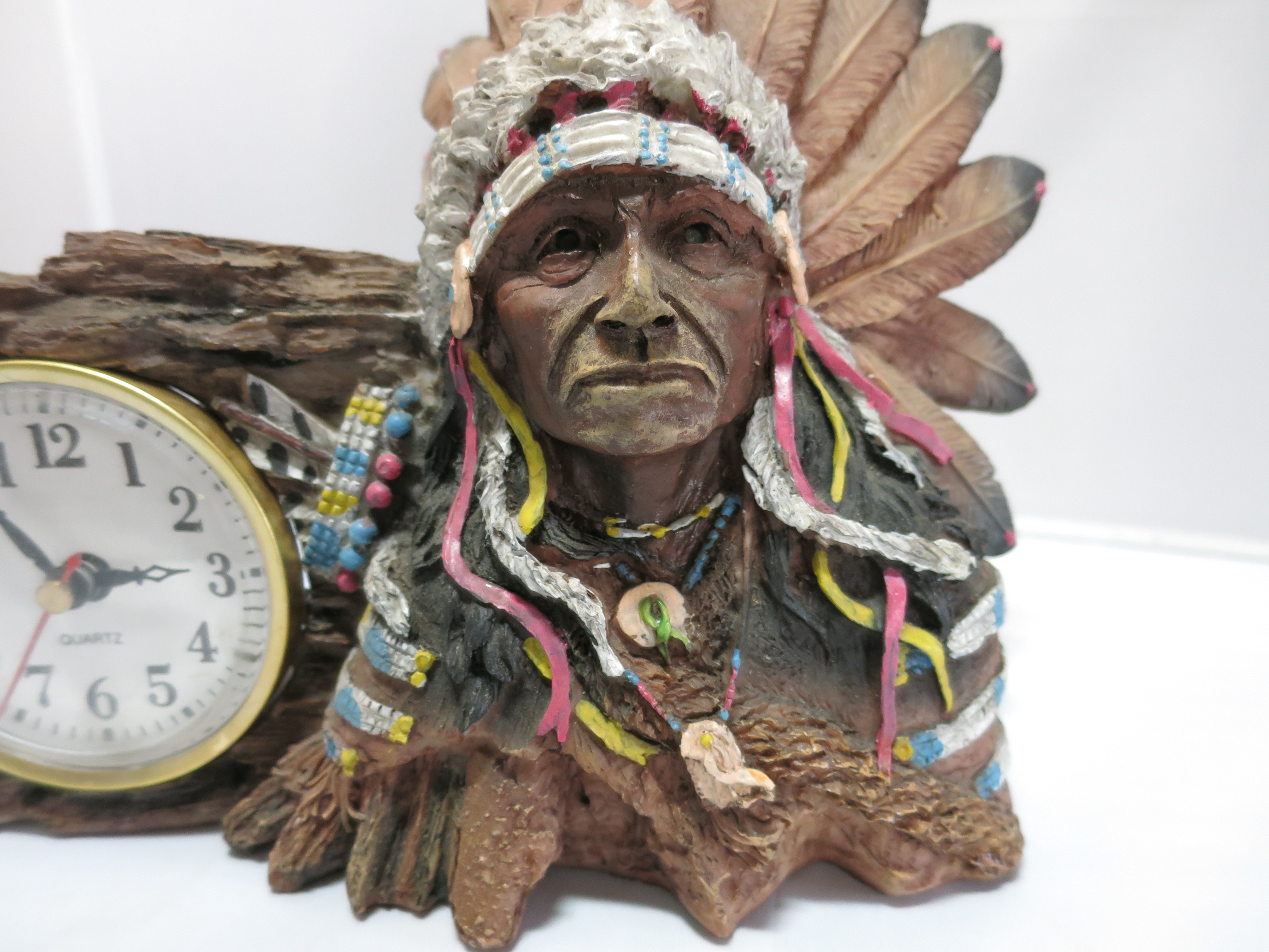 Vintage Indian Chief Figural Clock Quartz painted coldcast resin