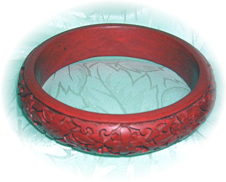 Cinnabar Carved Rust Red Bangle Bracelet