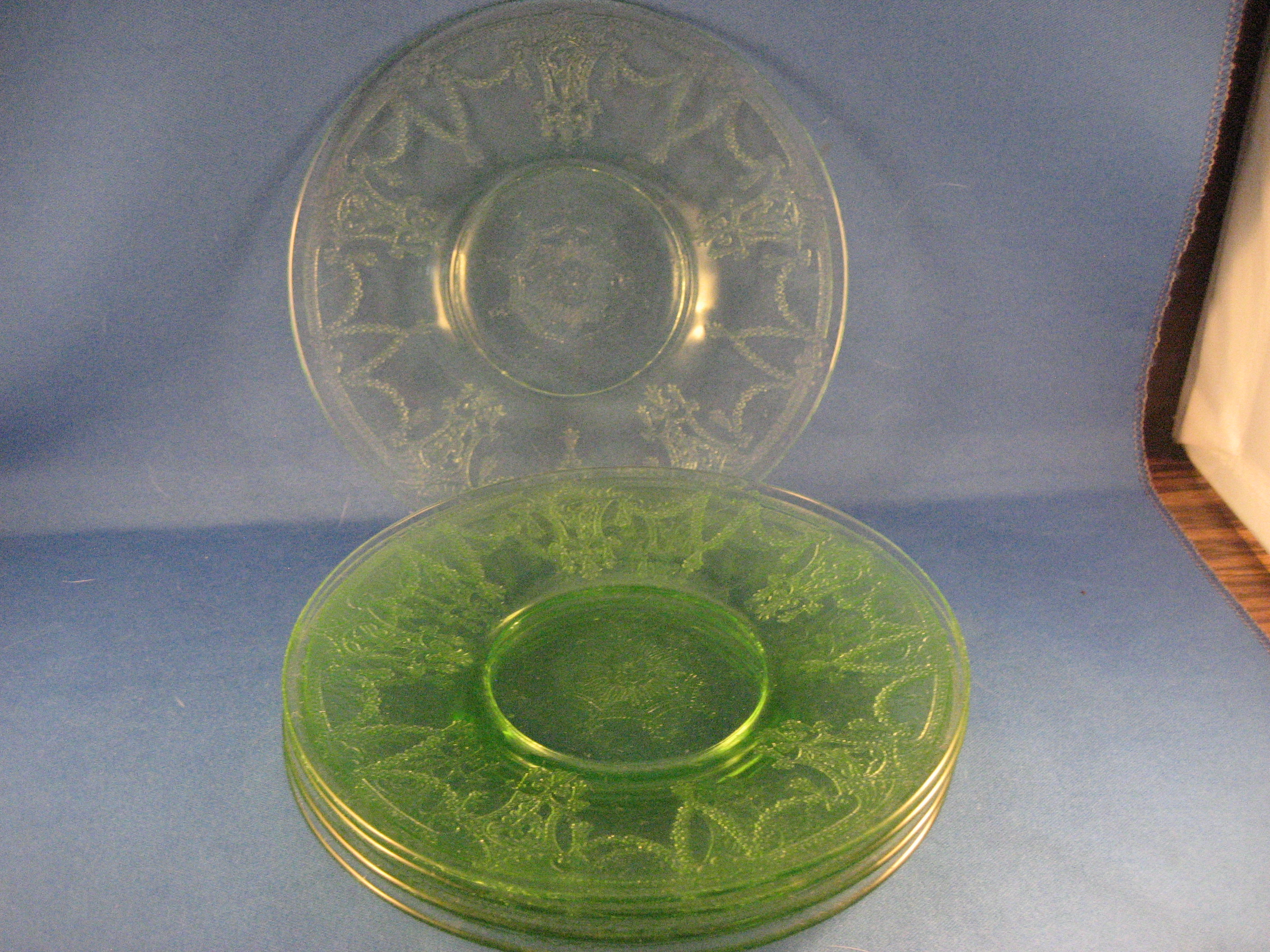 5 Green Depression Glass Saucers
