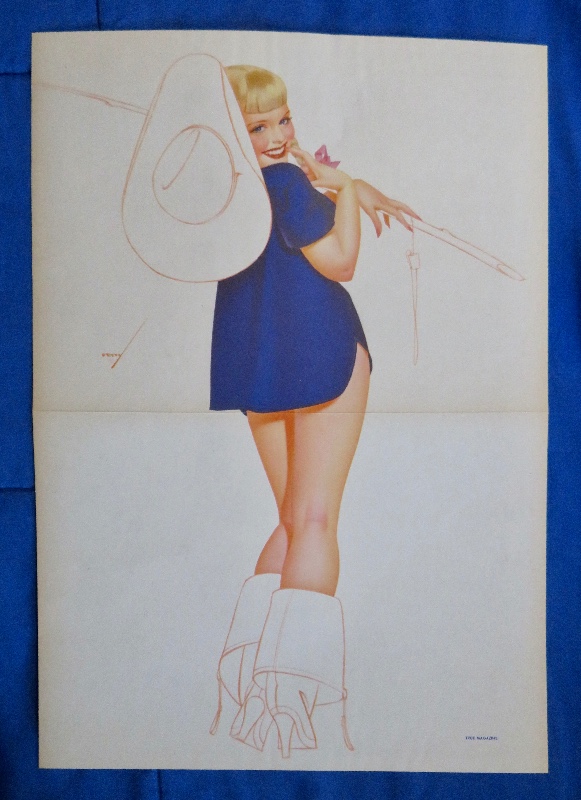 Original 1946 Sexy Pin Up Girl Wearing A Blue Shirt With A Cowboy Hat & Wearing Boots By George Petty