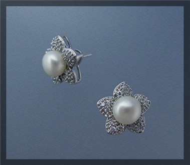 Sterling Silver Pearl and CZ Pierced Flower Earrings