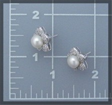 Sterling Silver Pearl and CZ Pierced Flower Earrings