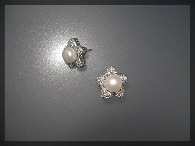 Sterling Silver Pearl and CZ Pierced Flower Earrings