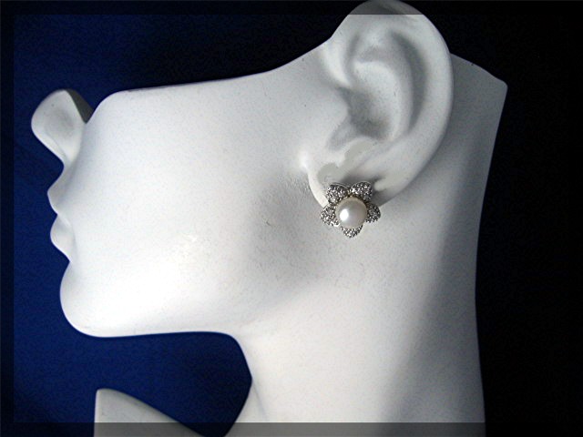 Sterling Silver Pearl and CZ Pierced Flower Earrings