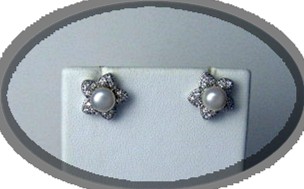 Sterling Silver Pearl and CZ Pierced Flower Earrings
