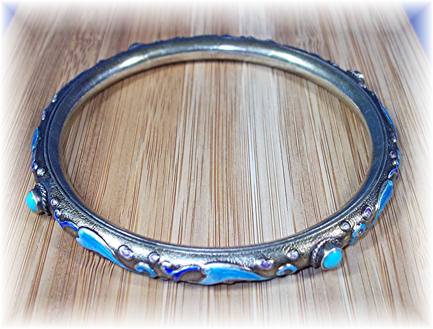 Bracelet Bangle Chinese Silver Blue Enamel Turquoise