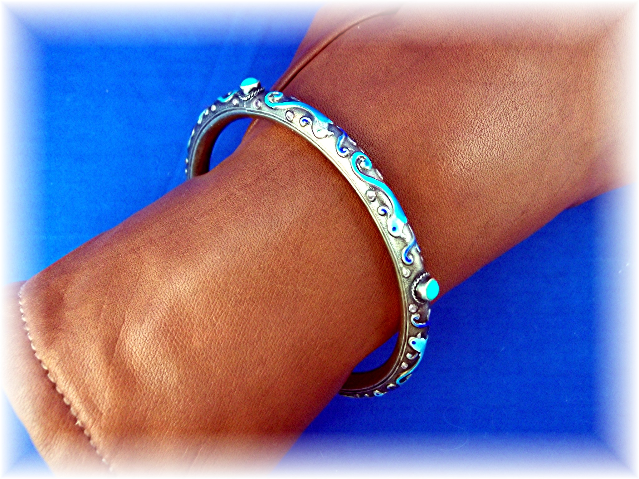 Bracelet Bangle Chinese Silver Blue Enamel Turquoise