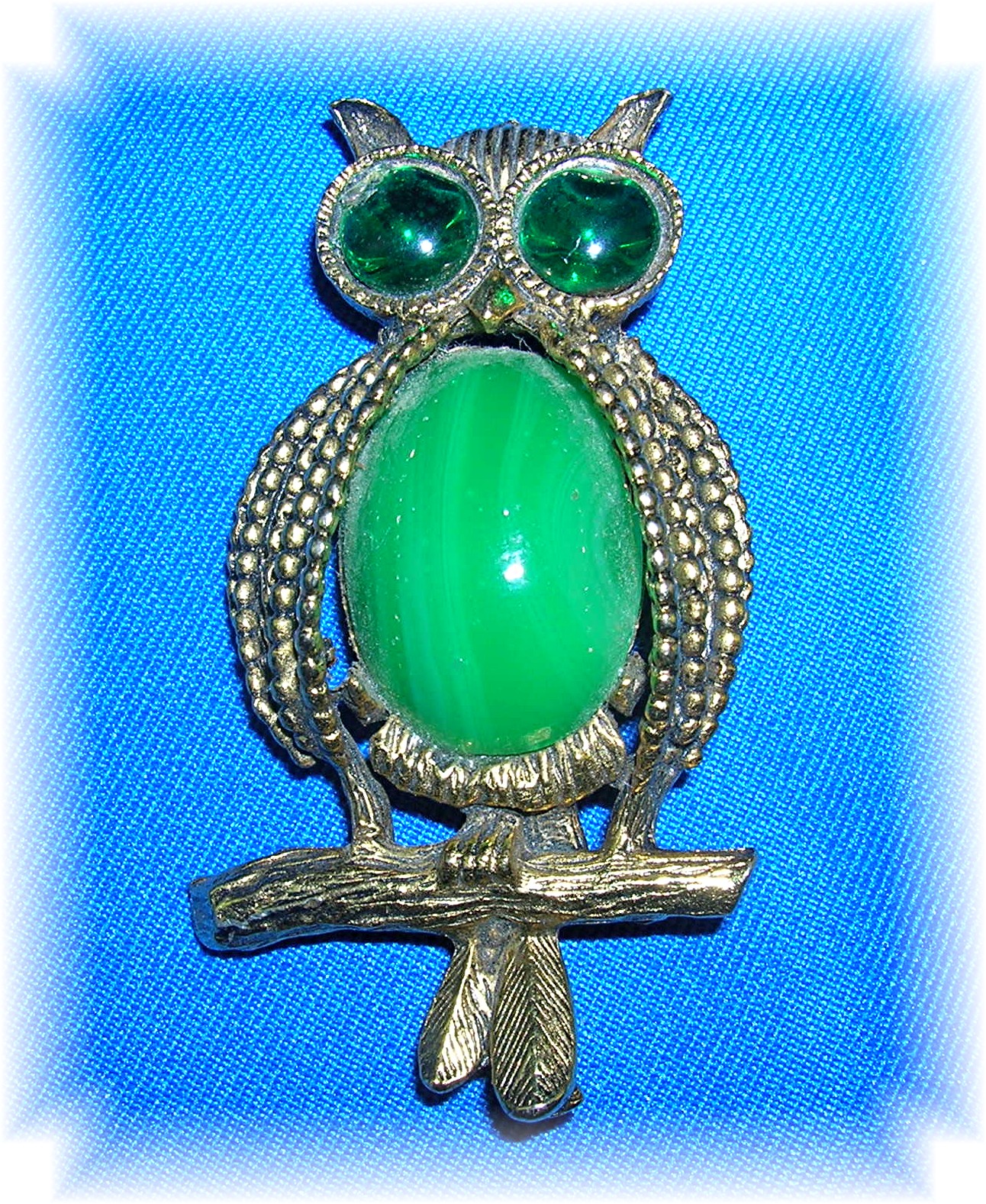 Signed  HOBE Green Cabochon  Owl Brooch