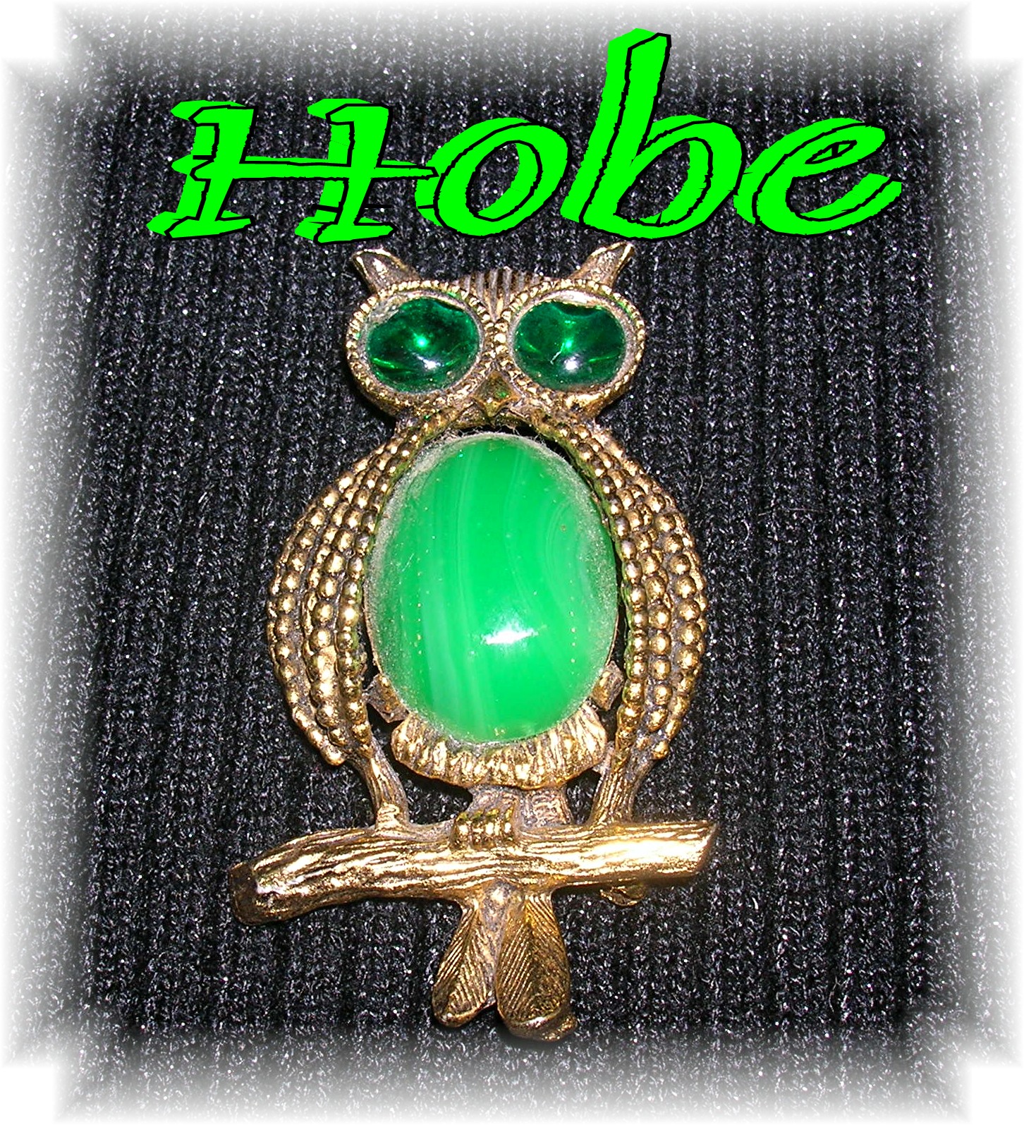 Signed  HOBE Green Cabochon  Owl Brooch