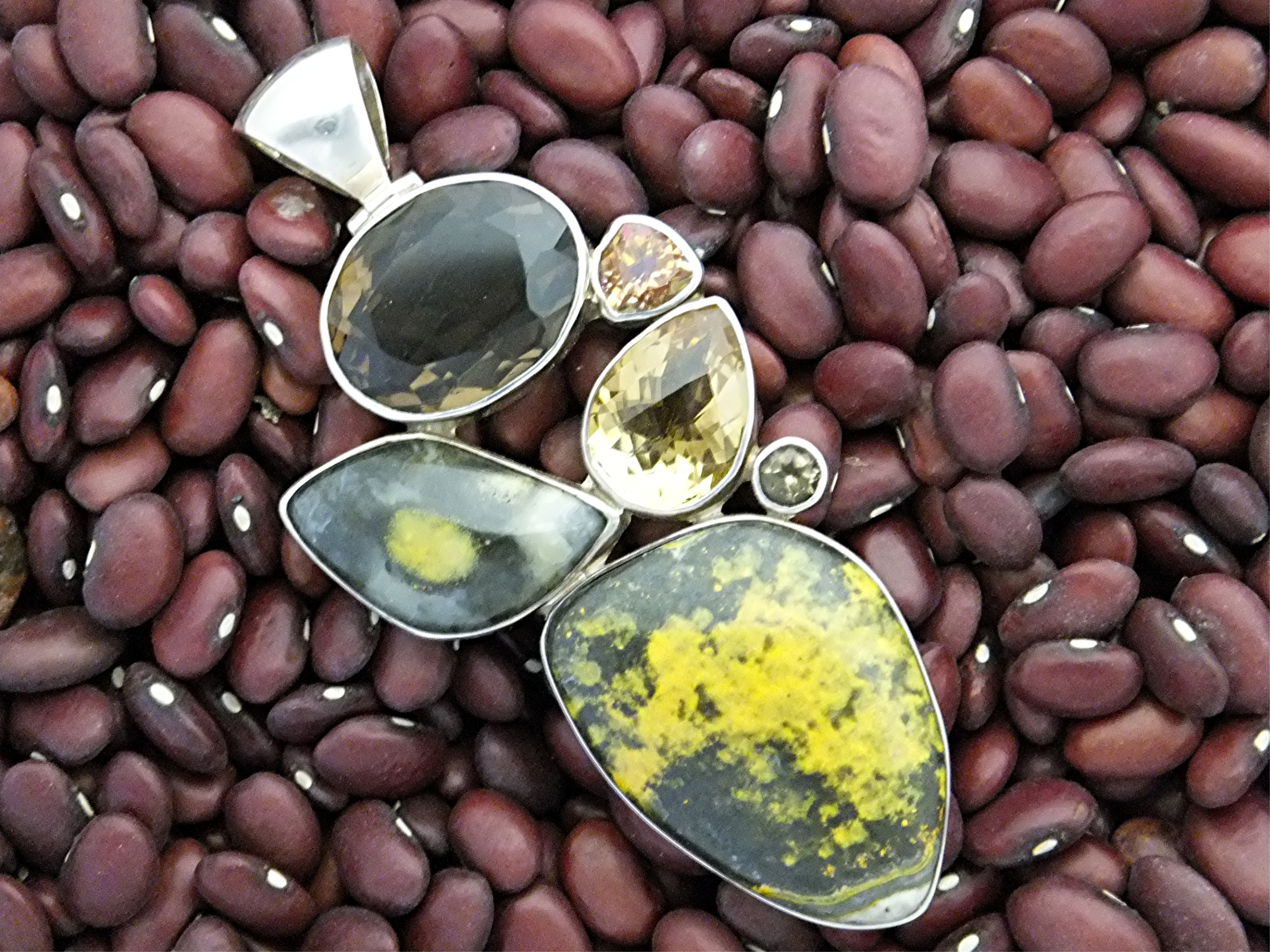 Pendant Sterling Silver Smoky Quartz Pink Topaz Jasper