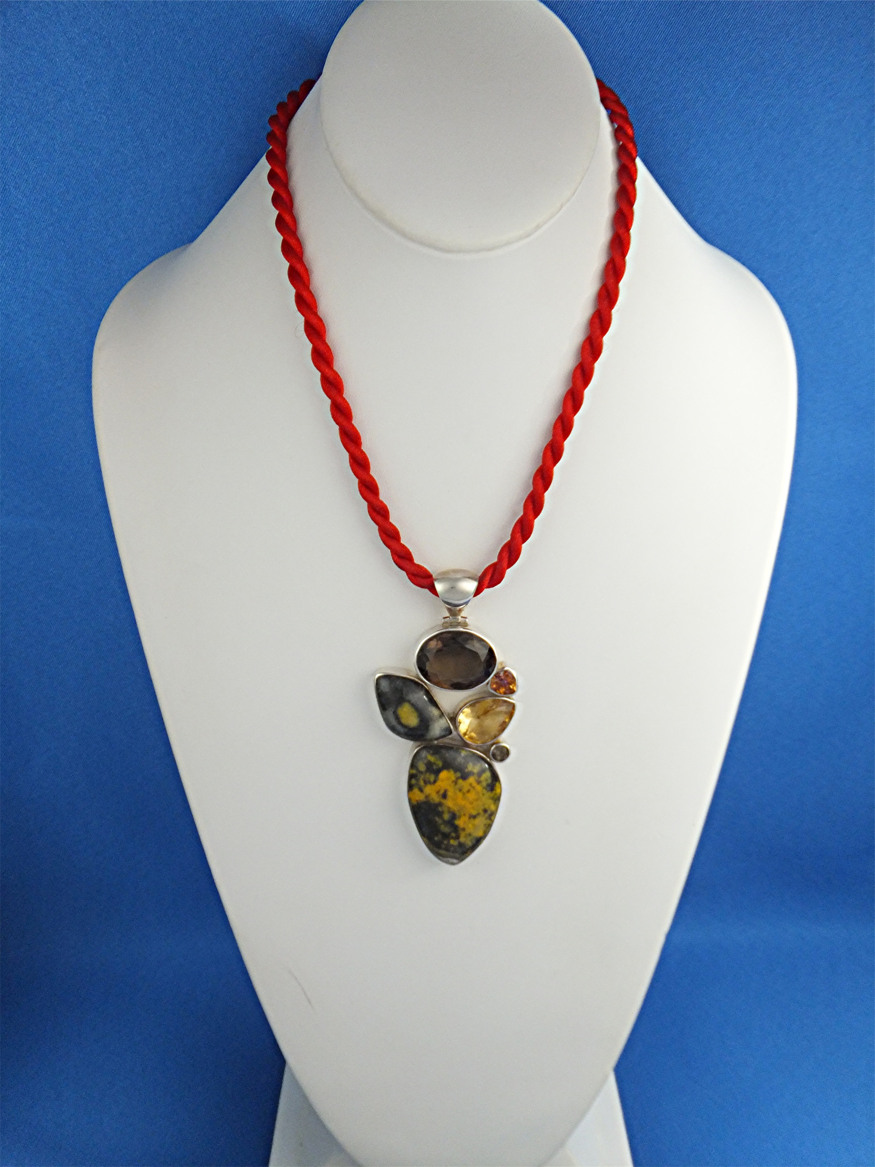 Pendant Sterling Silver Smoky Quartz Pink Topaz Jasper