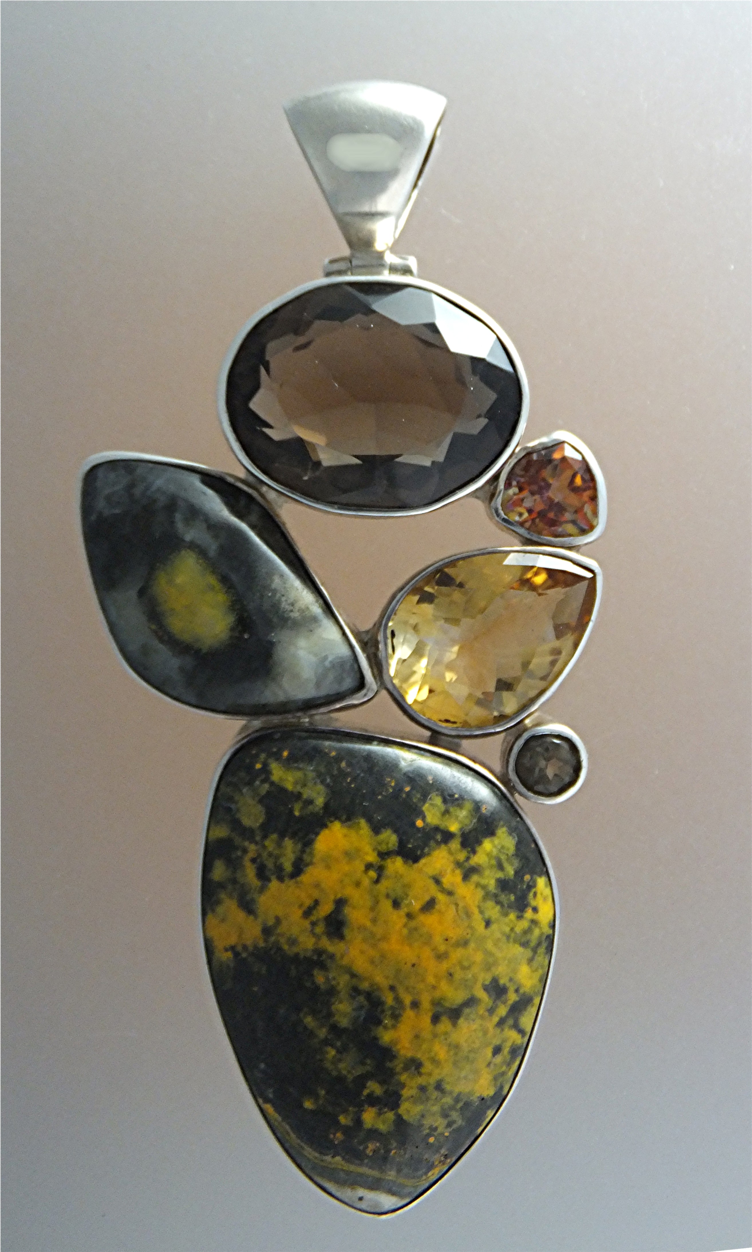 Pendant Sterling Silver Smoky Quartz Pink Topaz Jasper
