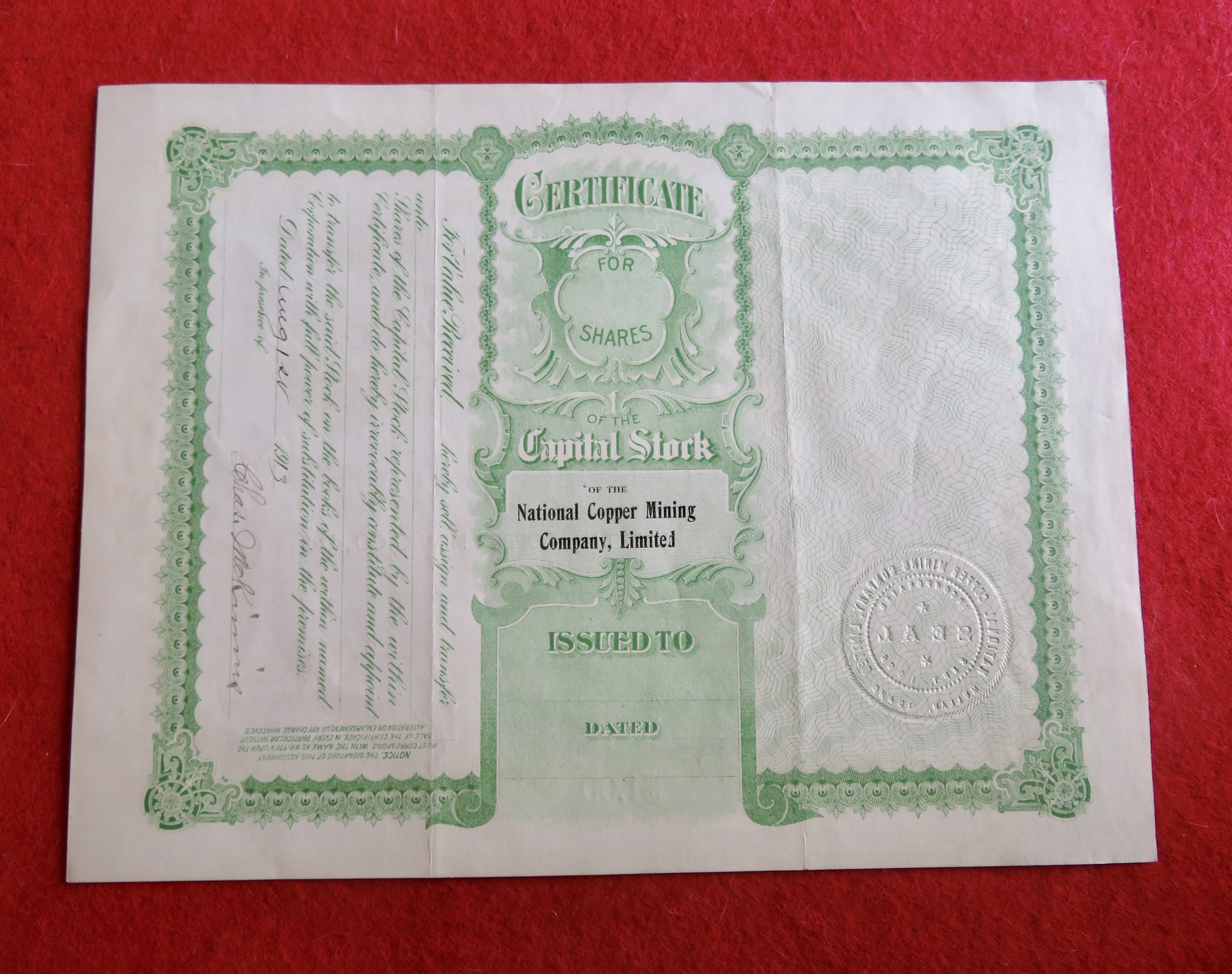 1913 National Copper Mining Company Ltd Stock