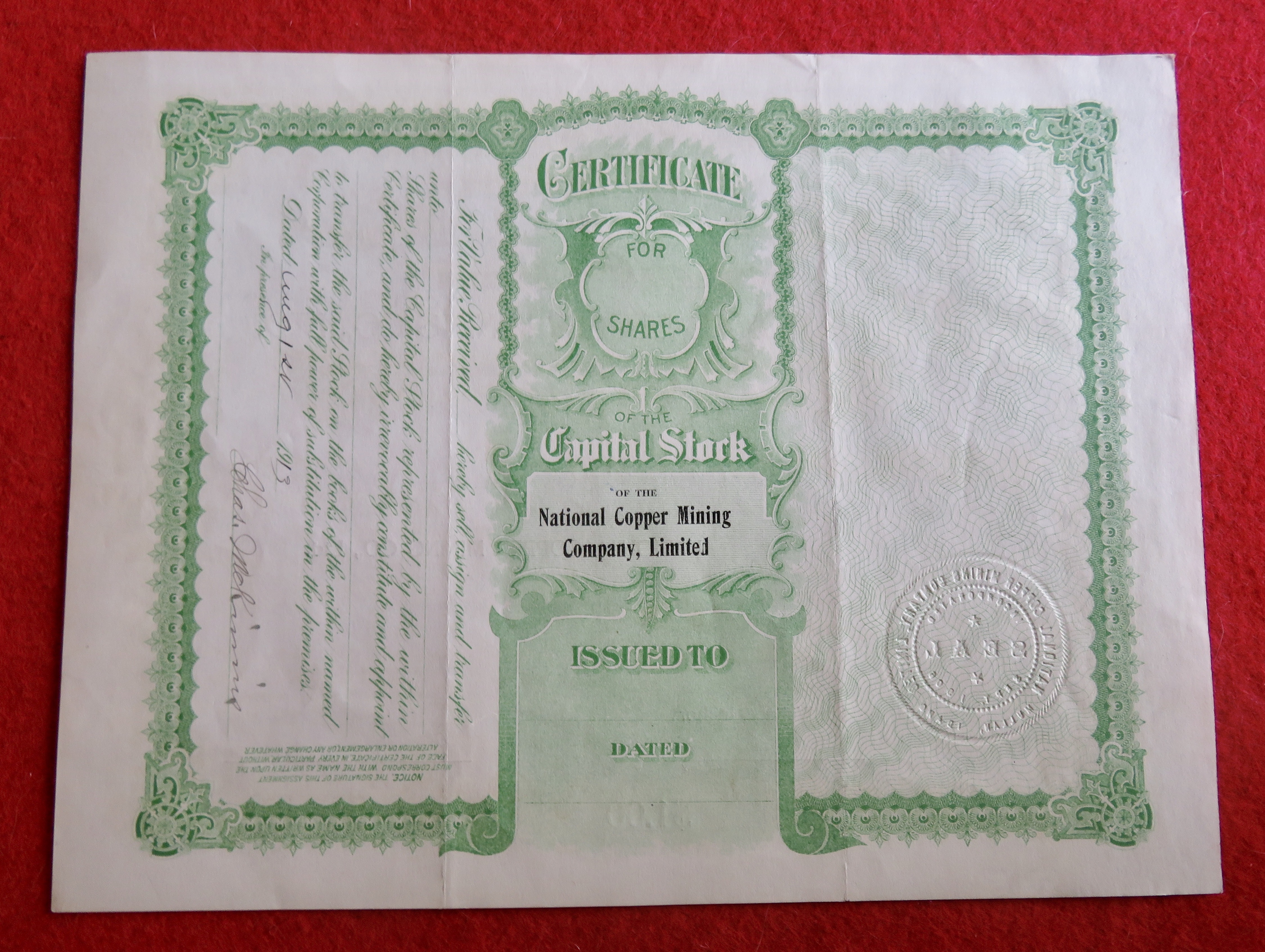 1913 National Copper Mining Company Ltd Stock