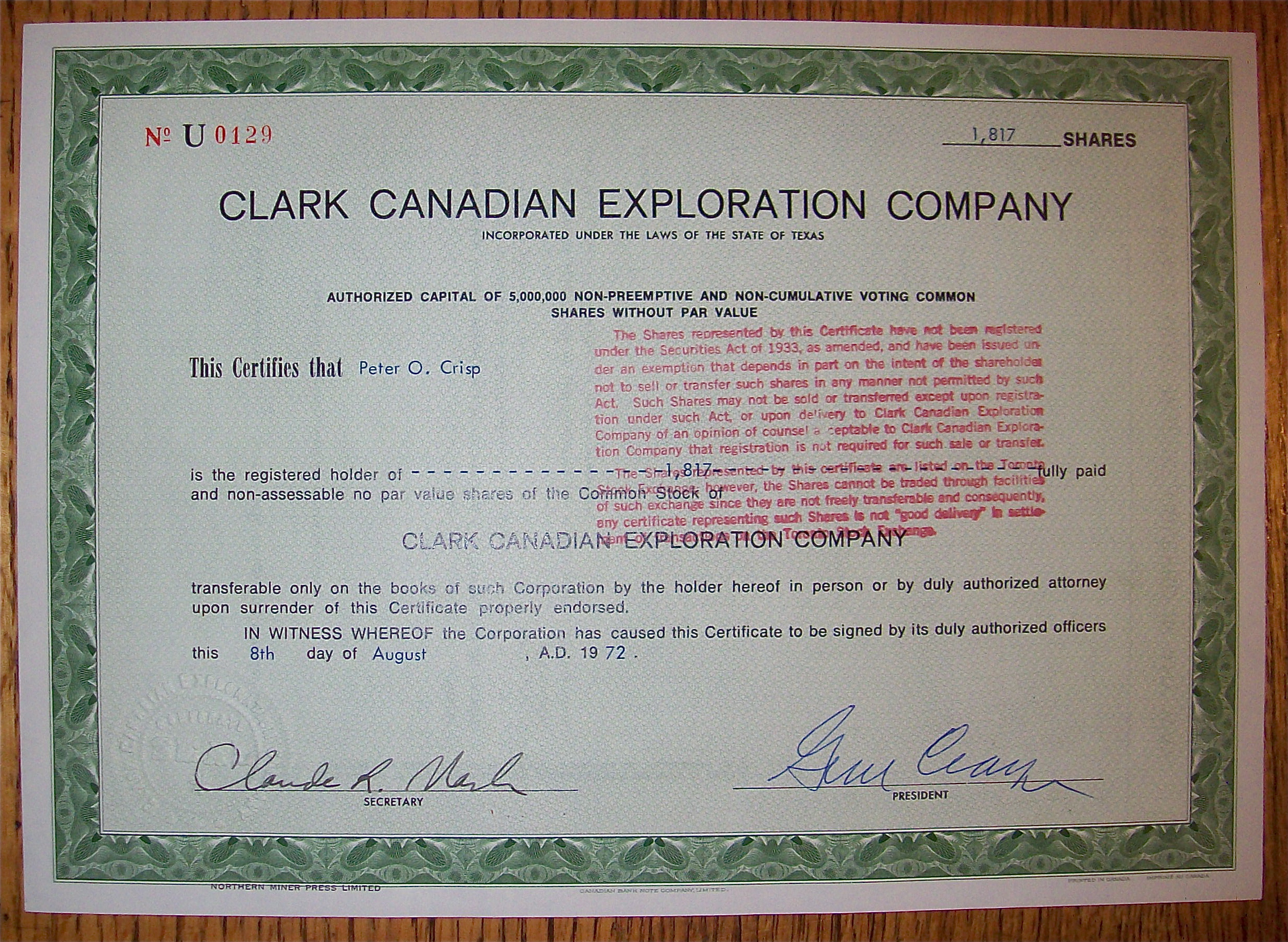 1972 Clark Canadian Exploration Co Stock Certificate