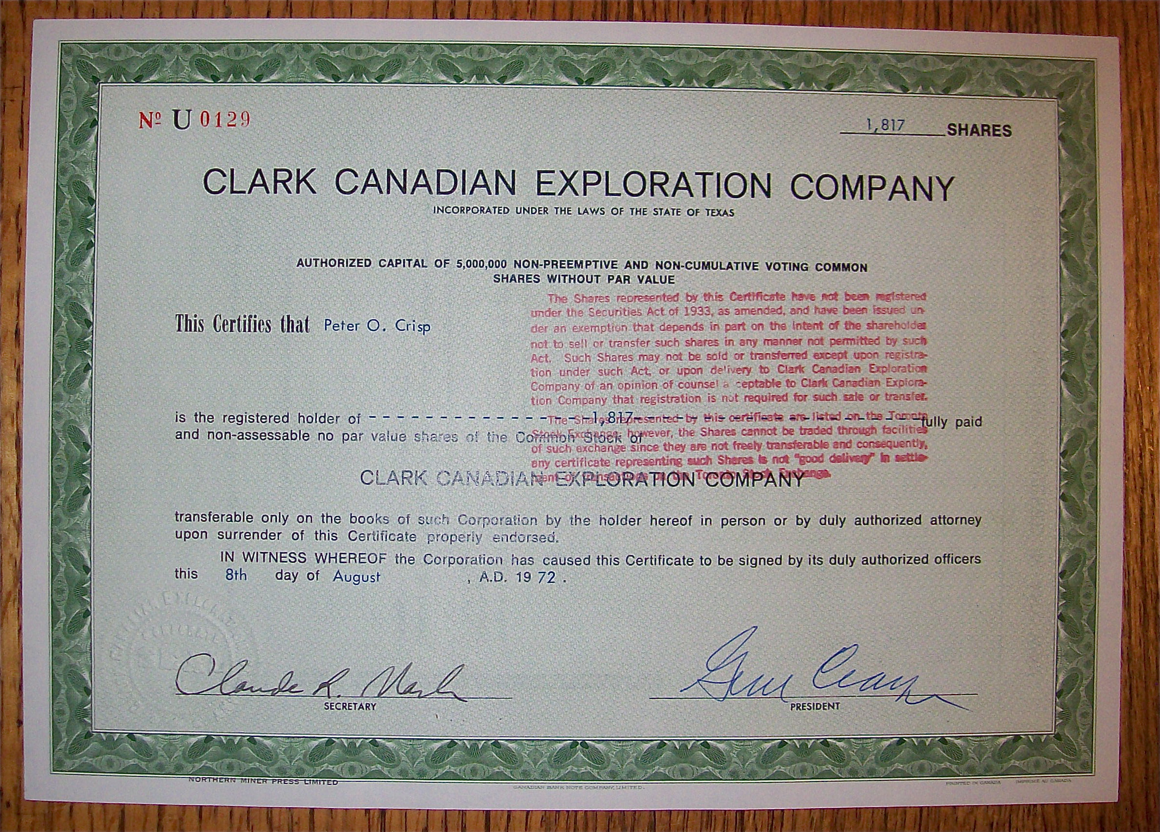 1972 Clark Canadian Exploration Co Stock Certificate