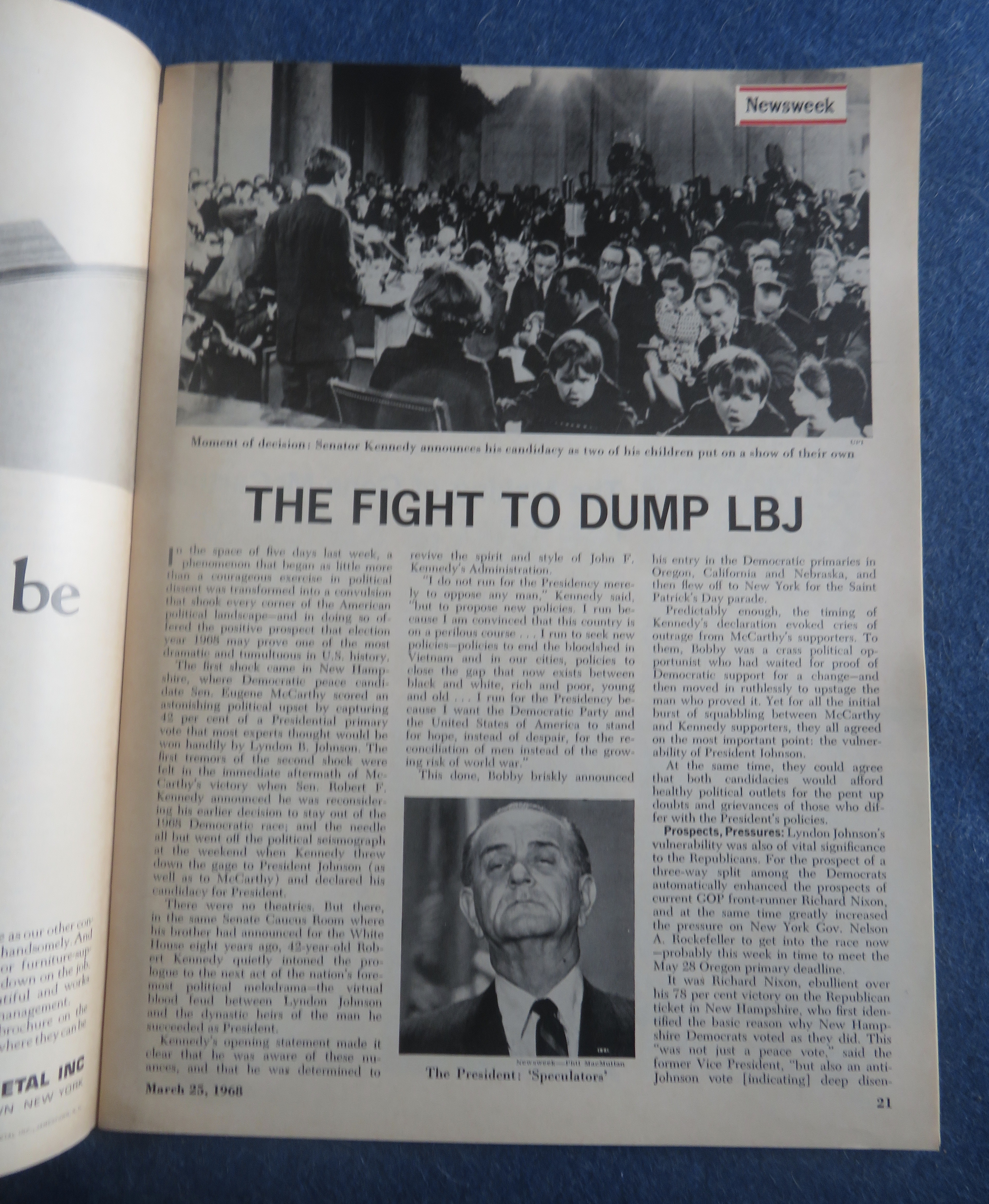 Newsweek Magazine March 25, 1968 McCarthy & Kennedy