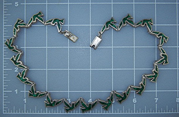 Taxco Mexico Sterling Silver Malachite Birds Necklace