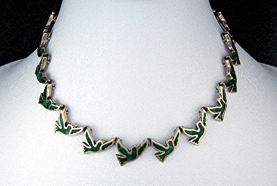 Taxco Mexico Sterling Silver Malachite Birds Necklace
