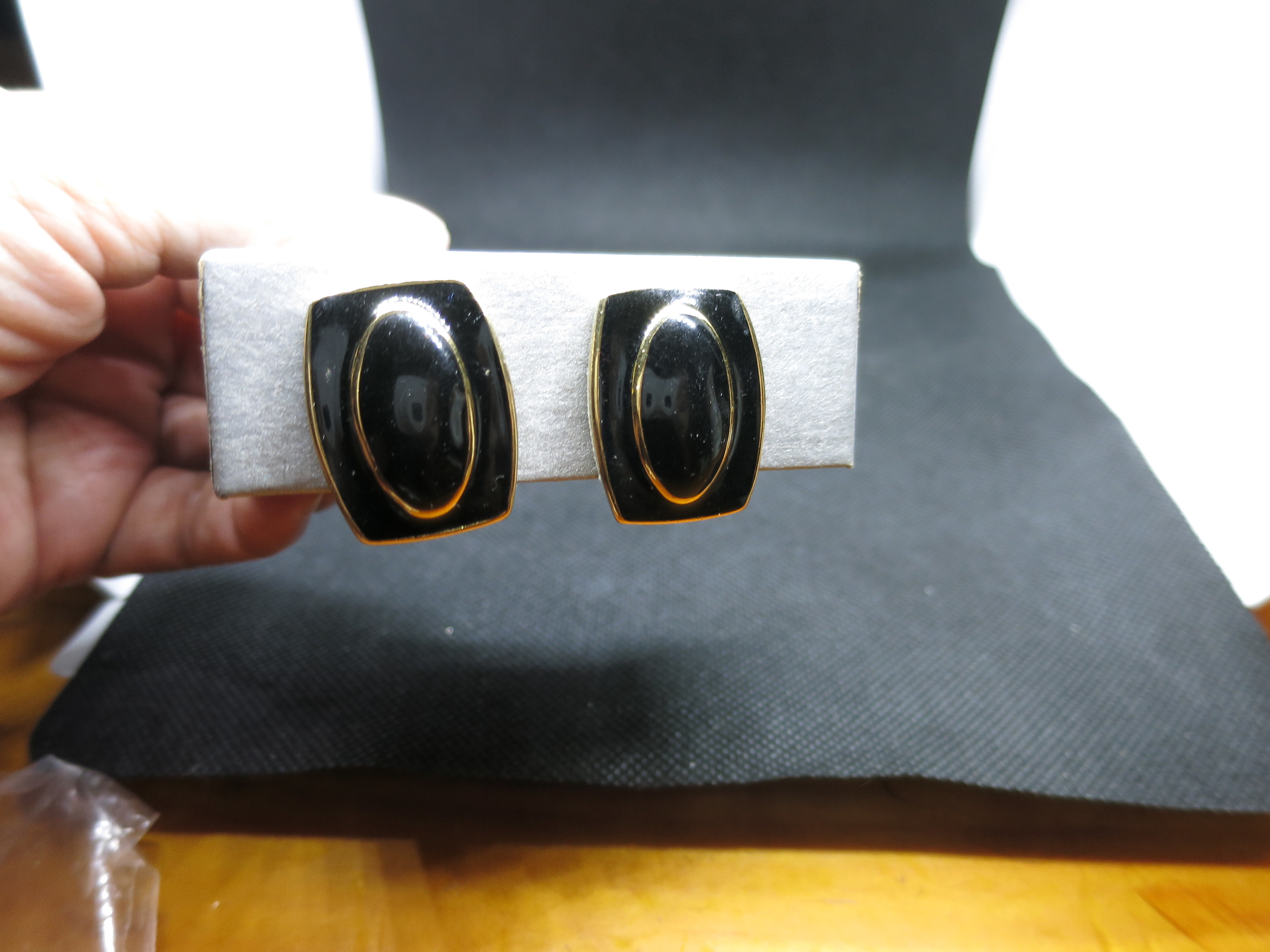 Vintage Monet Black Enamel Gold Tone Clip on Earrings