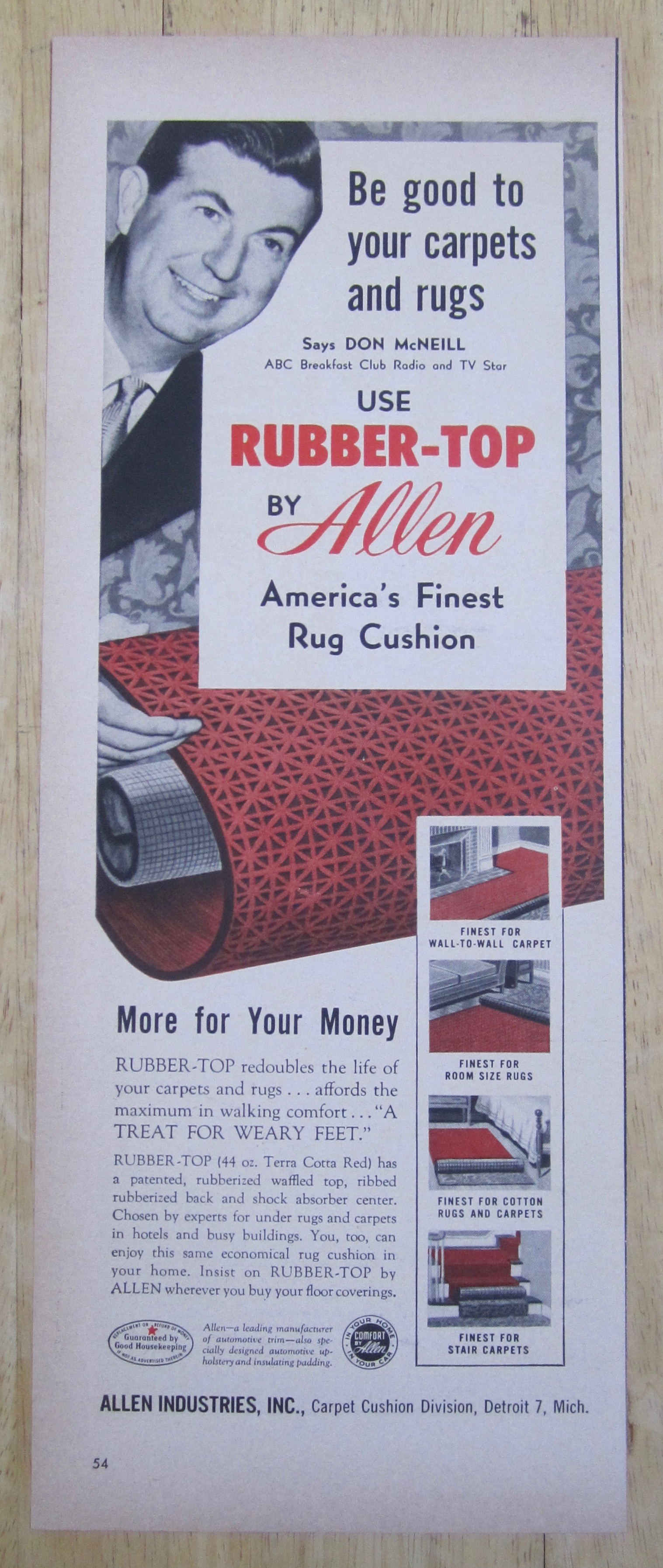 1954 Rubber Top Rug Cushion with Don McNeill