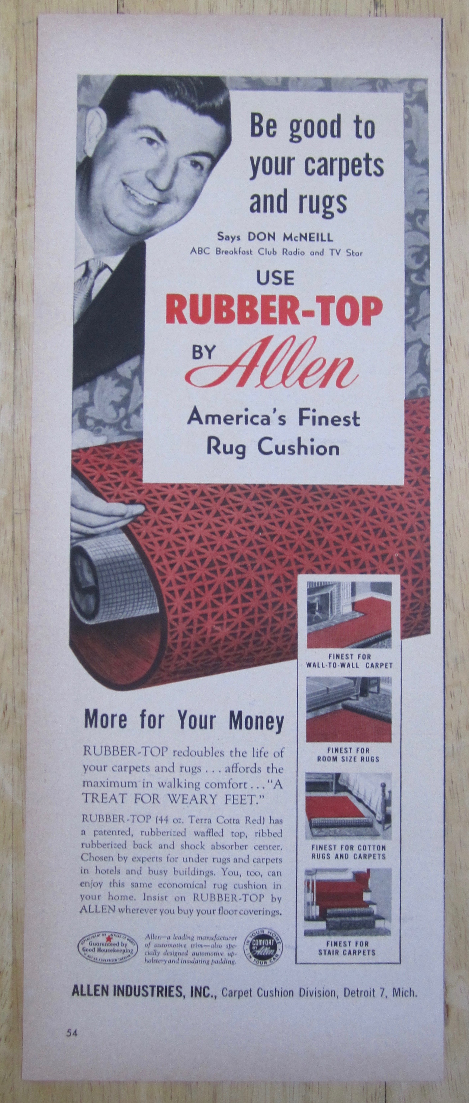 1954 Rubber Top Rug Cushion with Don McNeill