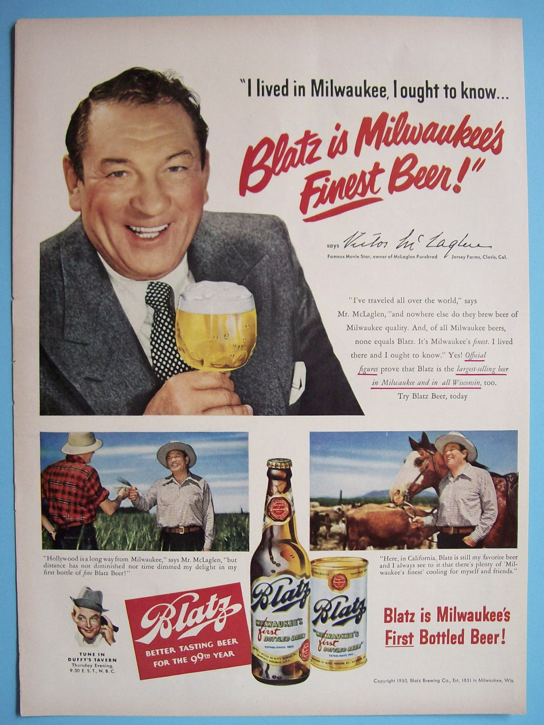1950 Blatz Beer with Famous Motion Star Victor McLaglen
