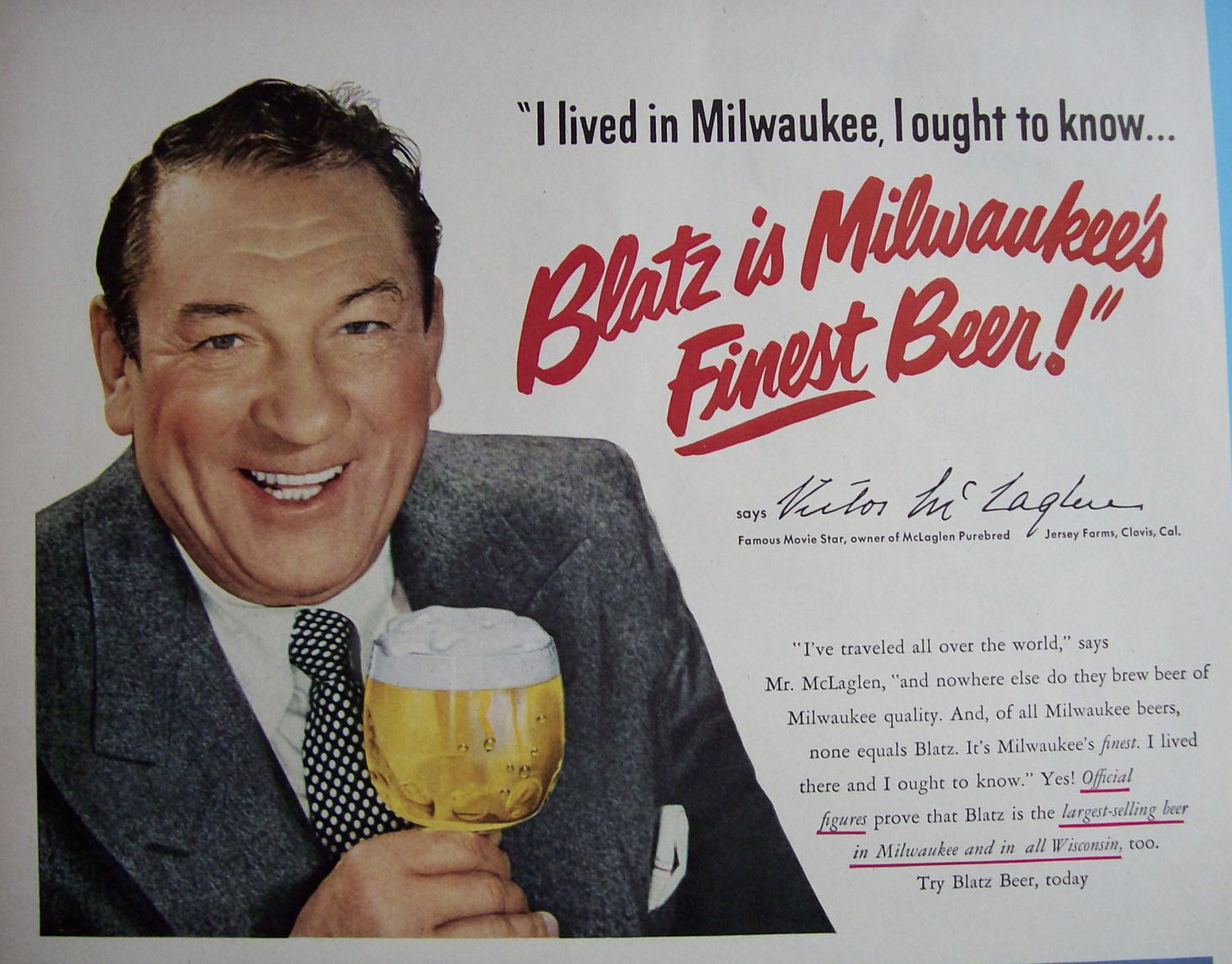 1950 Blatz Beer with Famous Motion Star Victor McLaglen