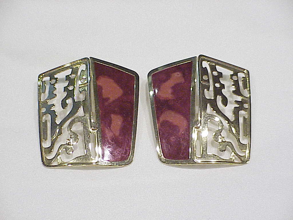 Berebi Large Dark Rose Pink Enamel Filigree Pierced Earrings
