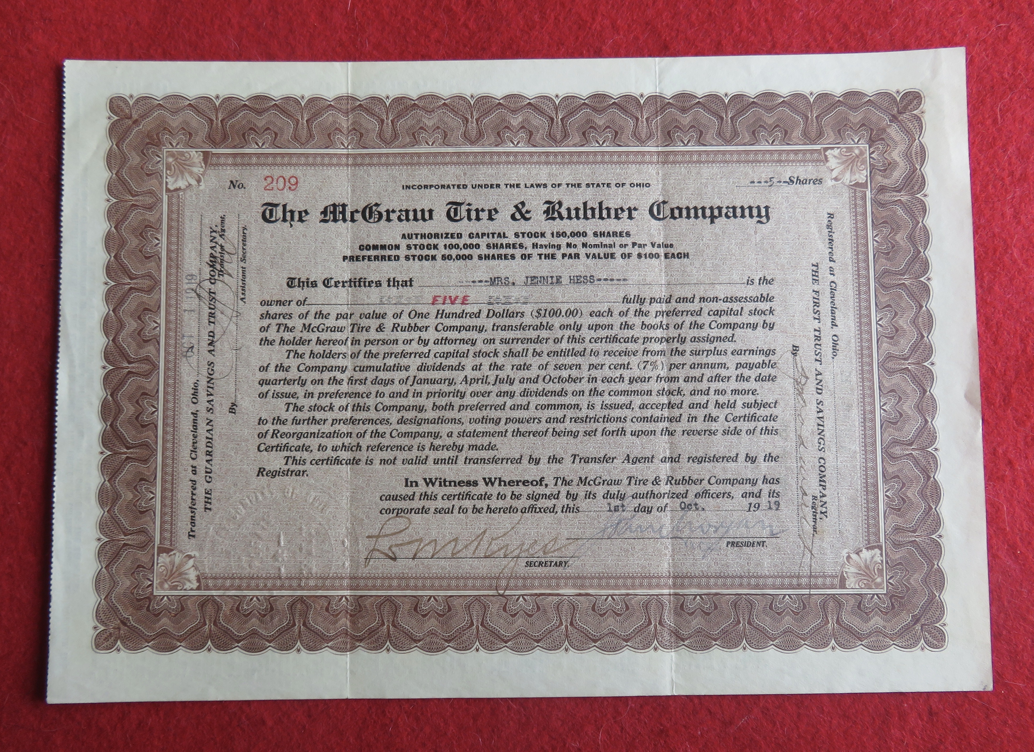 1919 The McGraw Tire & Rubber Company Stock Certificate