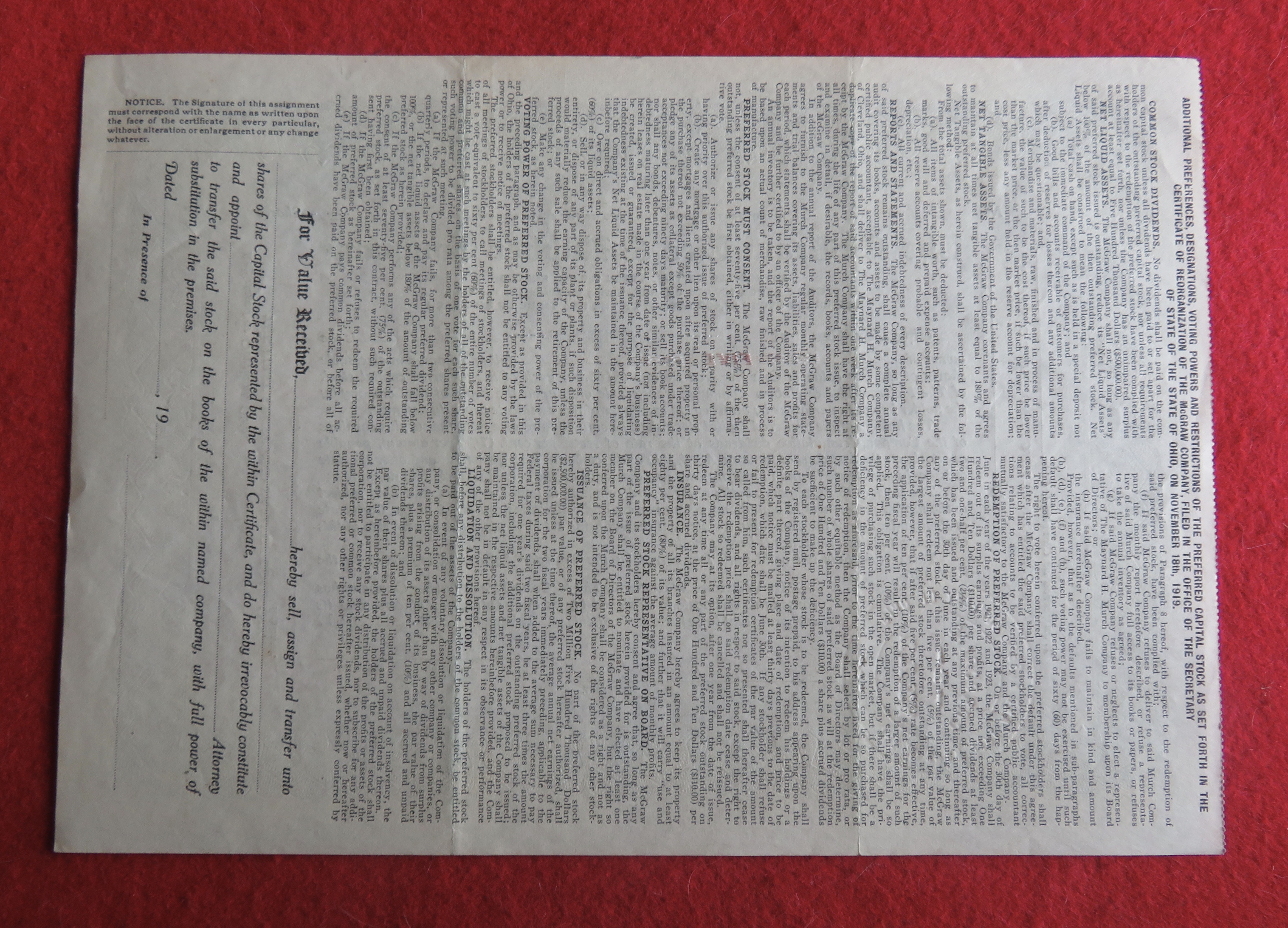 1919 The McGraw Tire & Rubber Company Stock Certificate