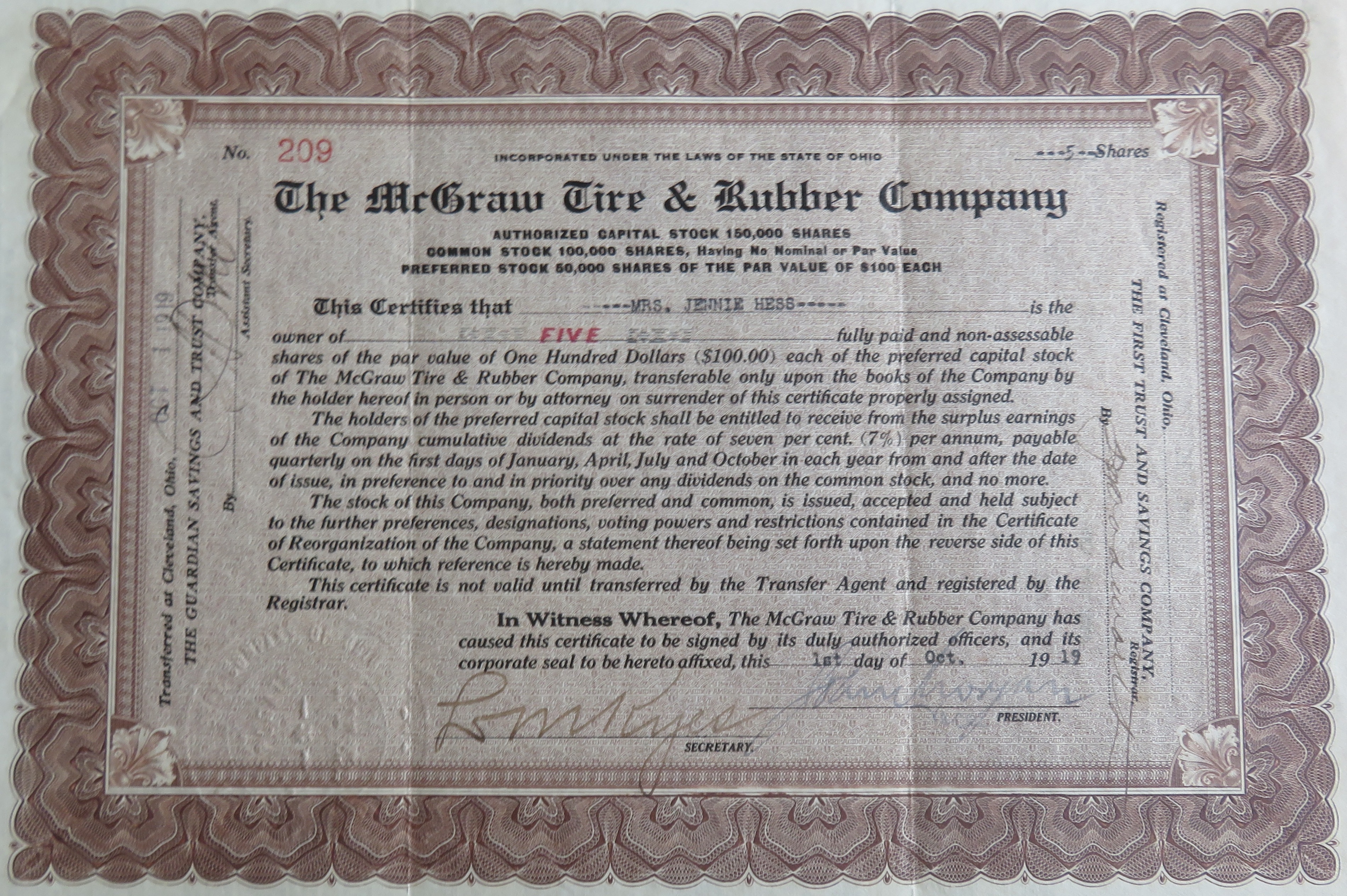 1919 The McGraw Tire & Rubber Company Stock Certificate