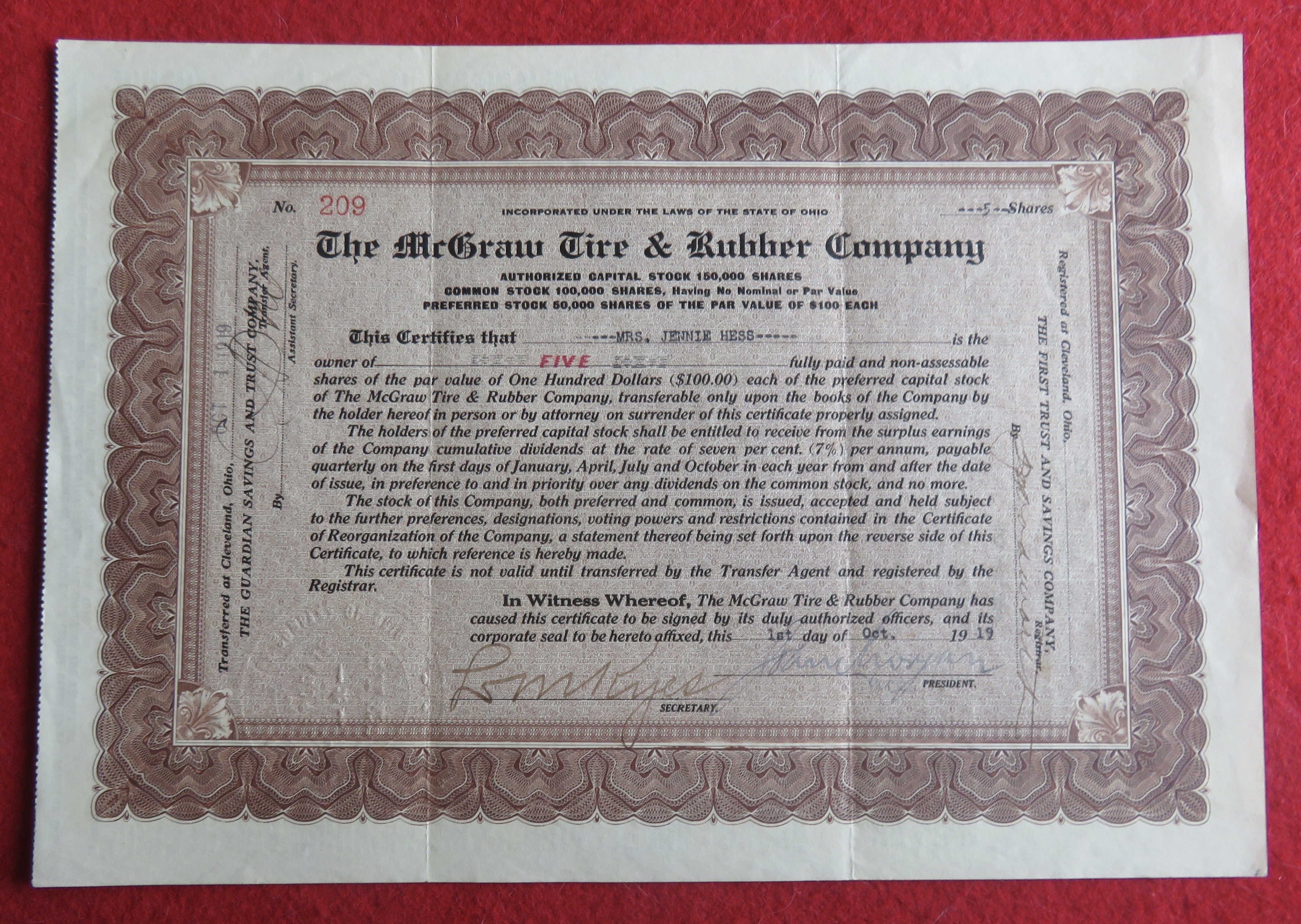 1919 The McGraw Tire & Rubber Company Stock Certificate