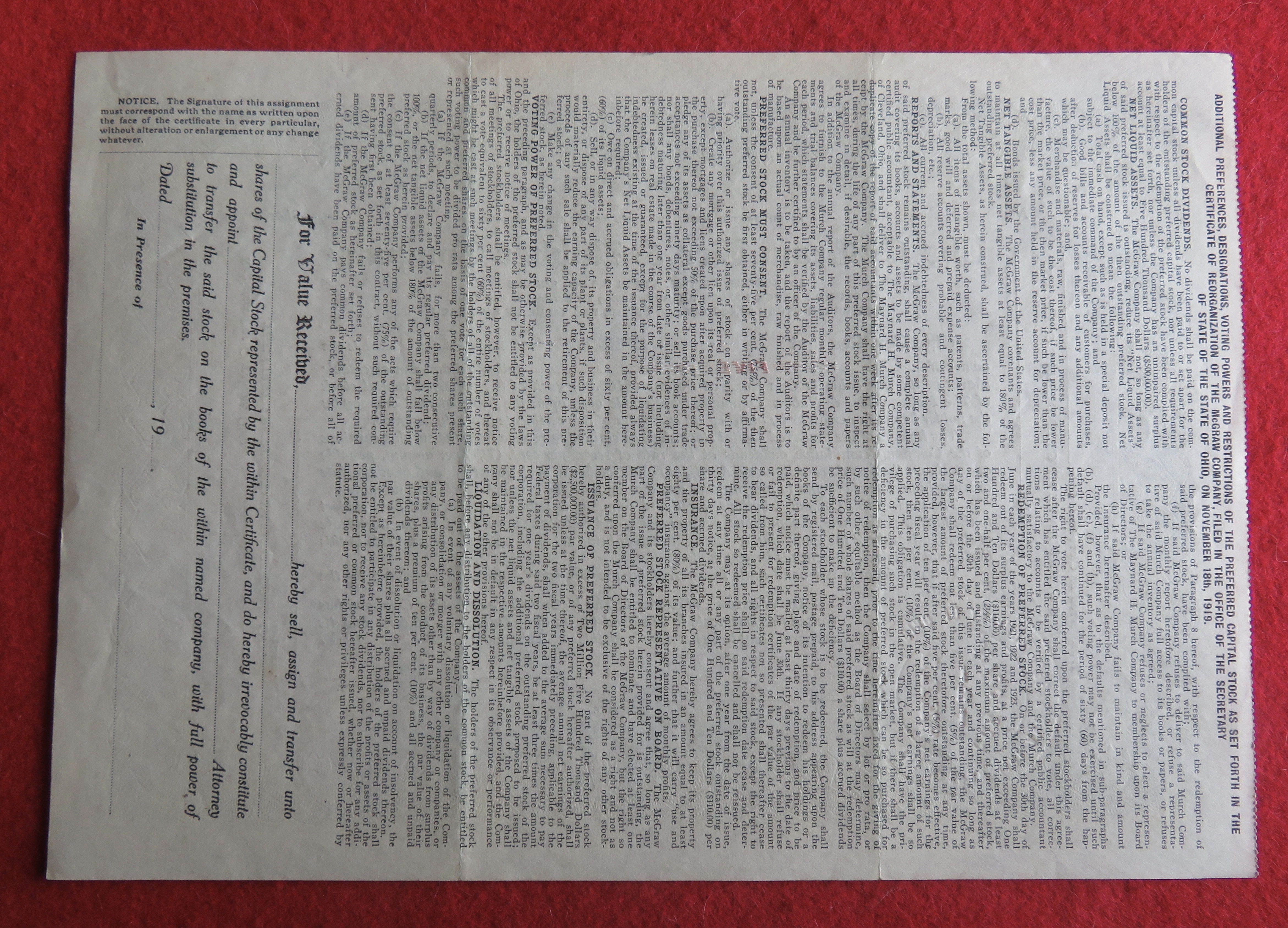 1919 The McGraw Tire & Rubber Company Stock Certificate