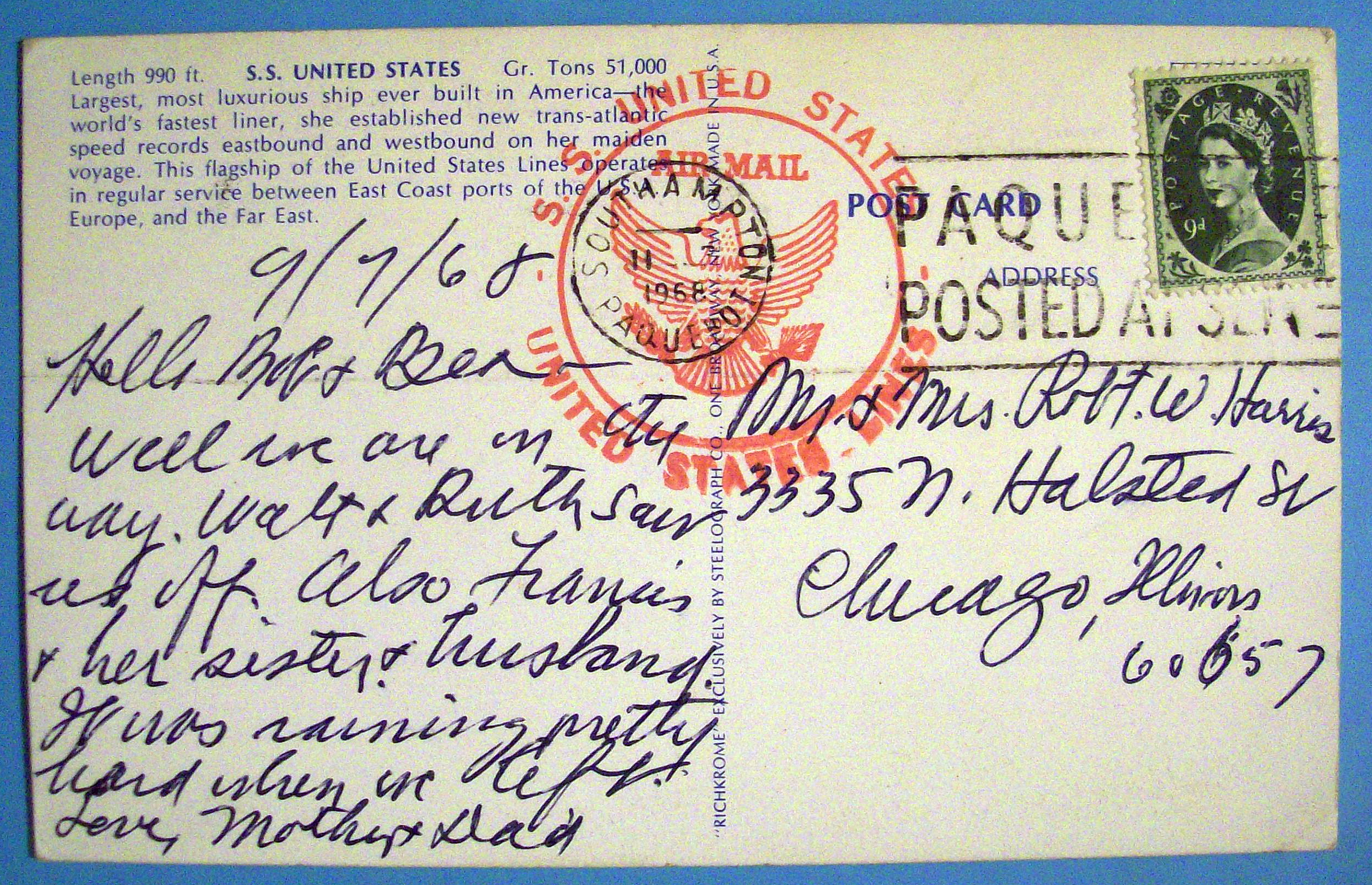 S. S. United States Ship Postcard