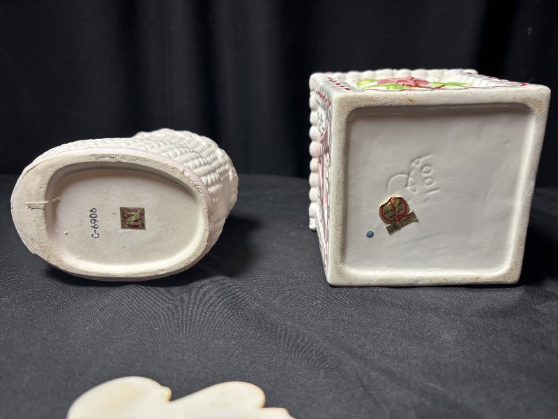 Vintage Ceramic Baby Shower Decor Set: Baby Shoe Planter, Block Planter, and 'It's a Girl' Toppers
