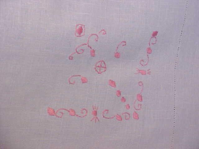 Embroidered Table Cloth Linen Pink Crochet Trim