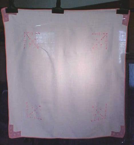 Embroidered Table Cloth Linen Pink Crochet Trim