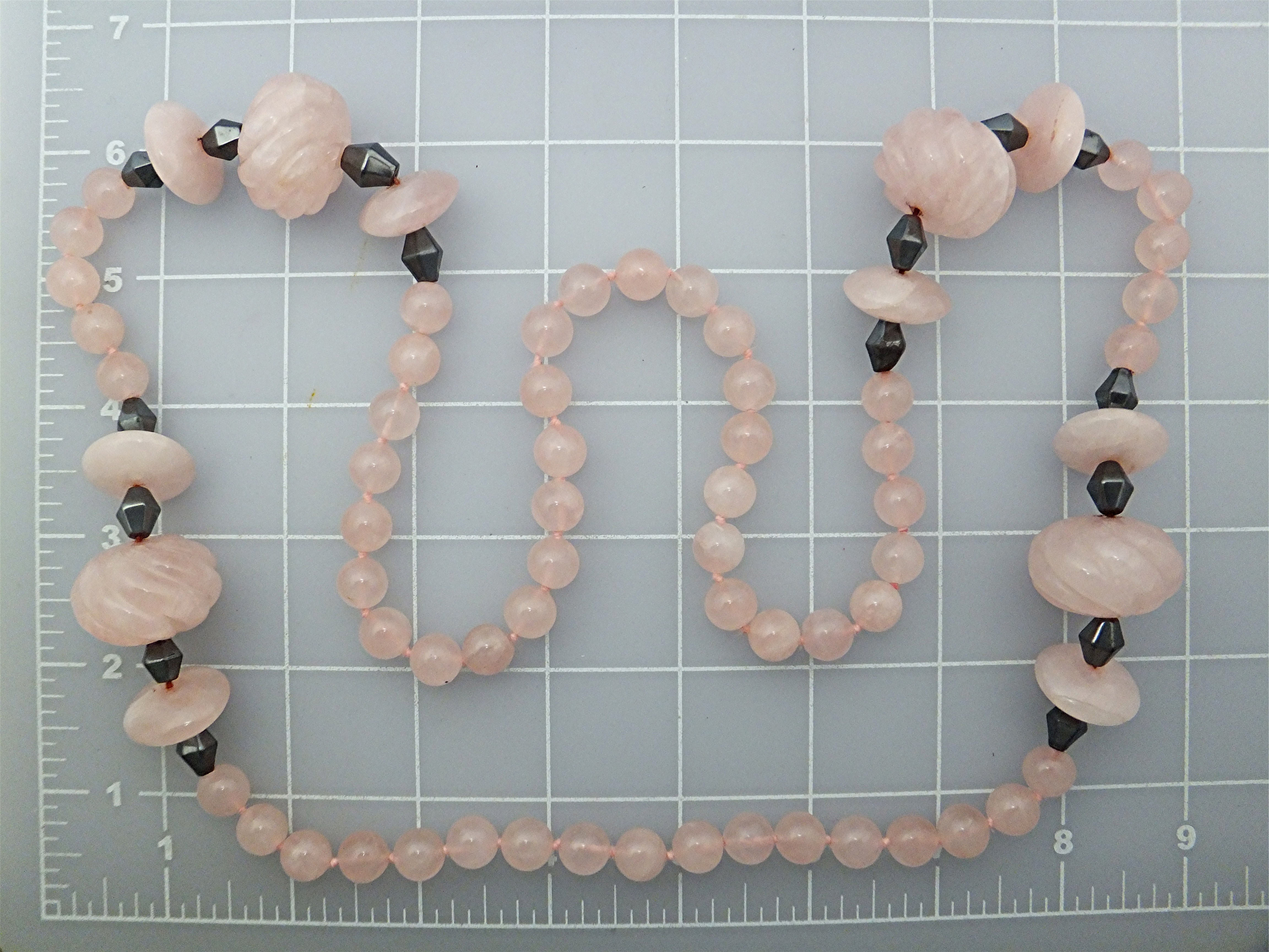Necklace Carved Rose Quartz and Hematite