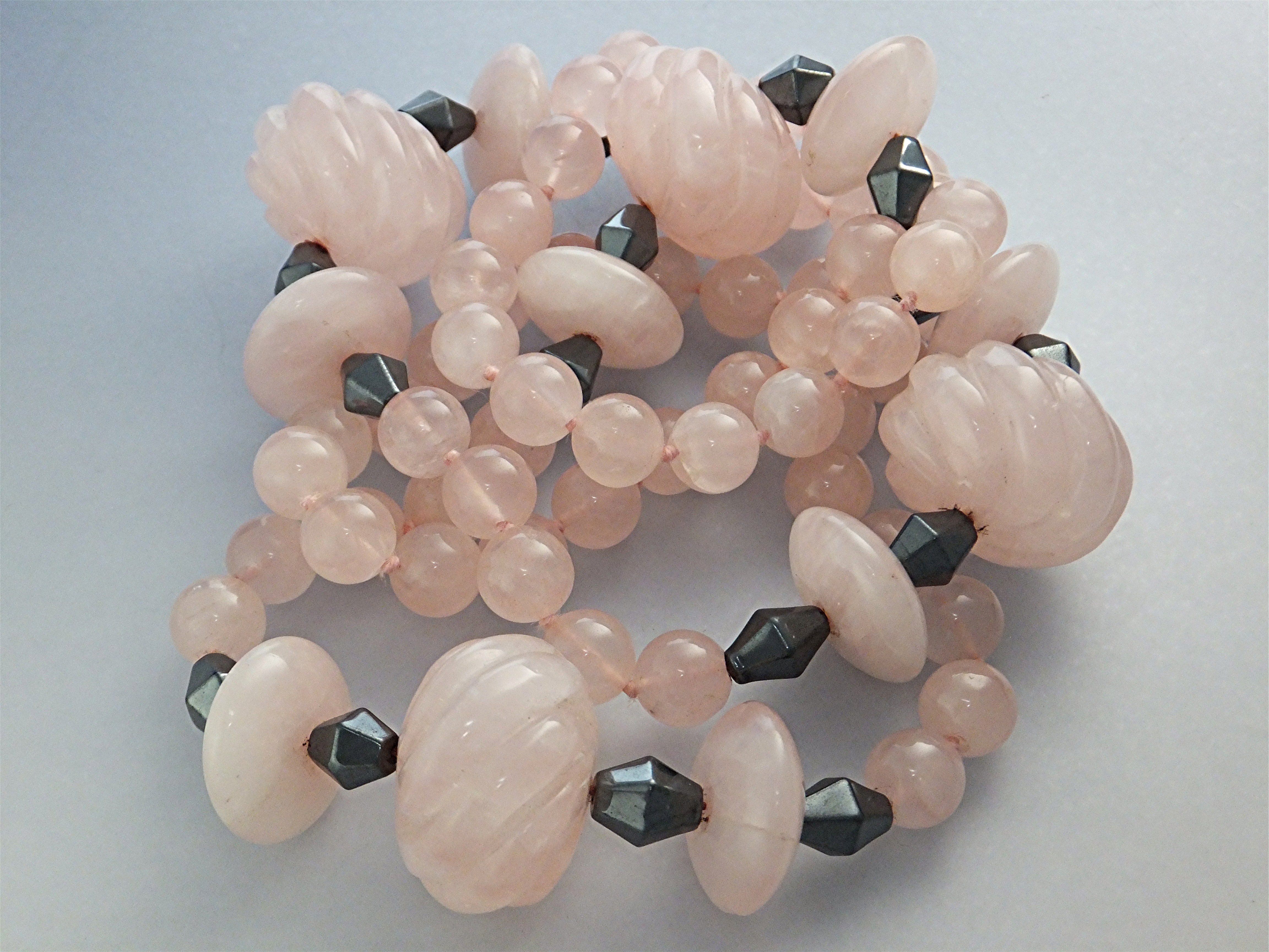Necklace Carved Rose Quartz and Hematite