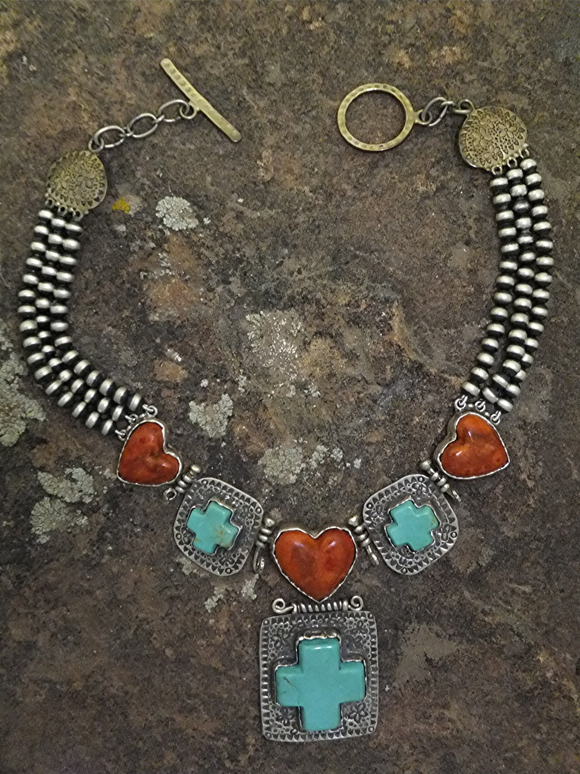 David Troutman Sterling Silver Turquoise Coral Hearts N