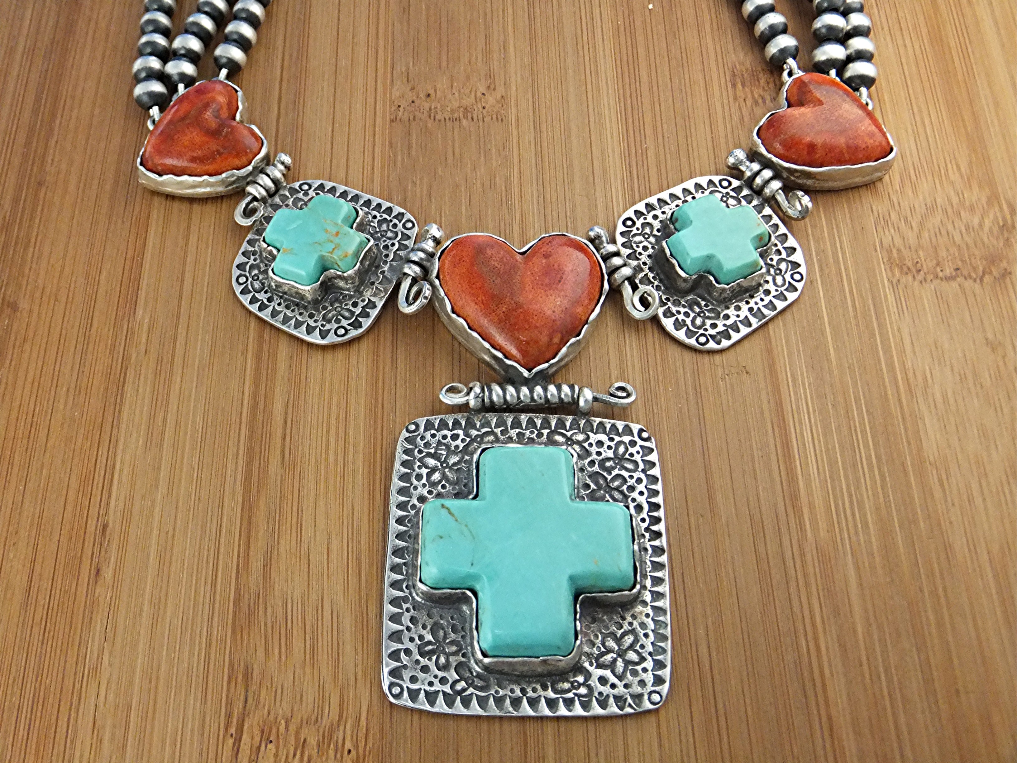 David Troutman Sterling Silver Turquoise Coral Hearts N