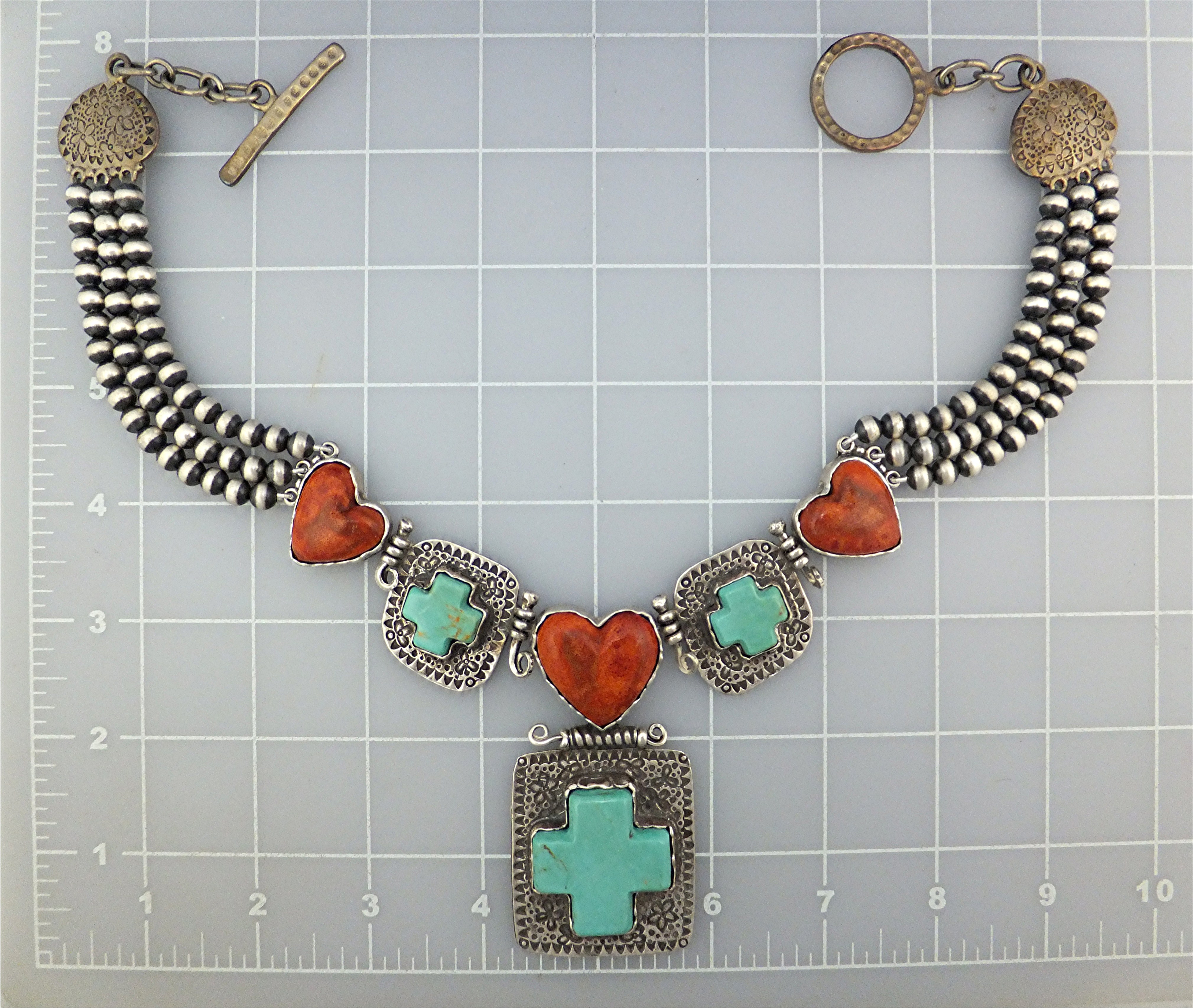 David Troutman Sterling Silver Turquoise Coral Hearts N
