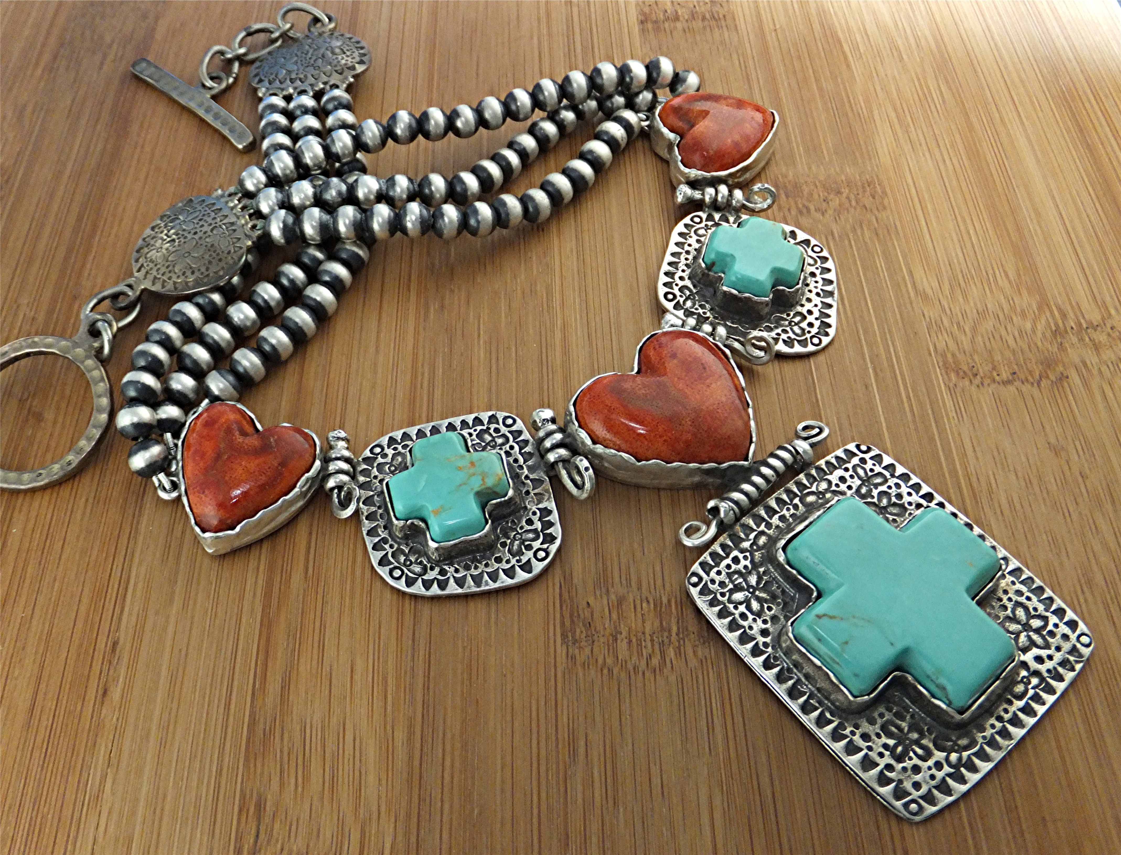 David Troutman Sterling Silver Turquoise Coral Hearts N