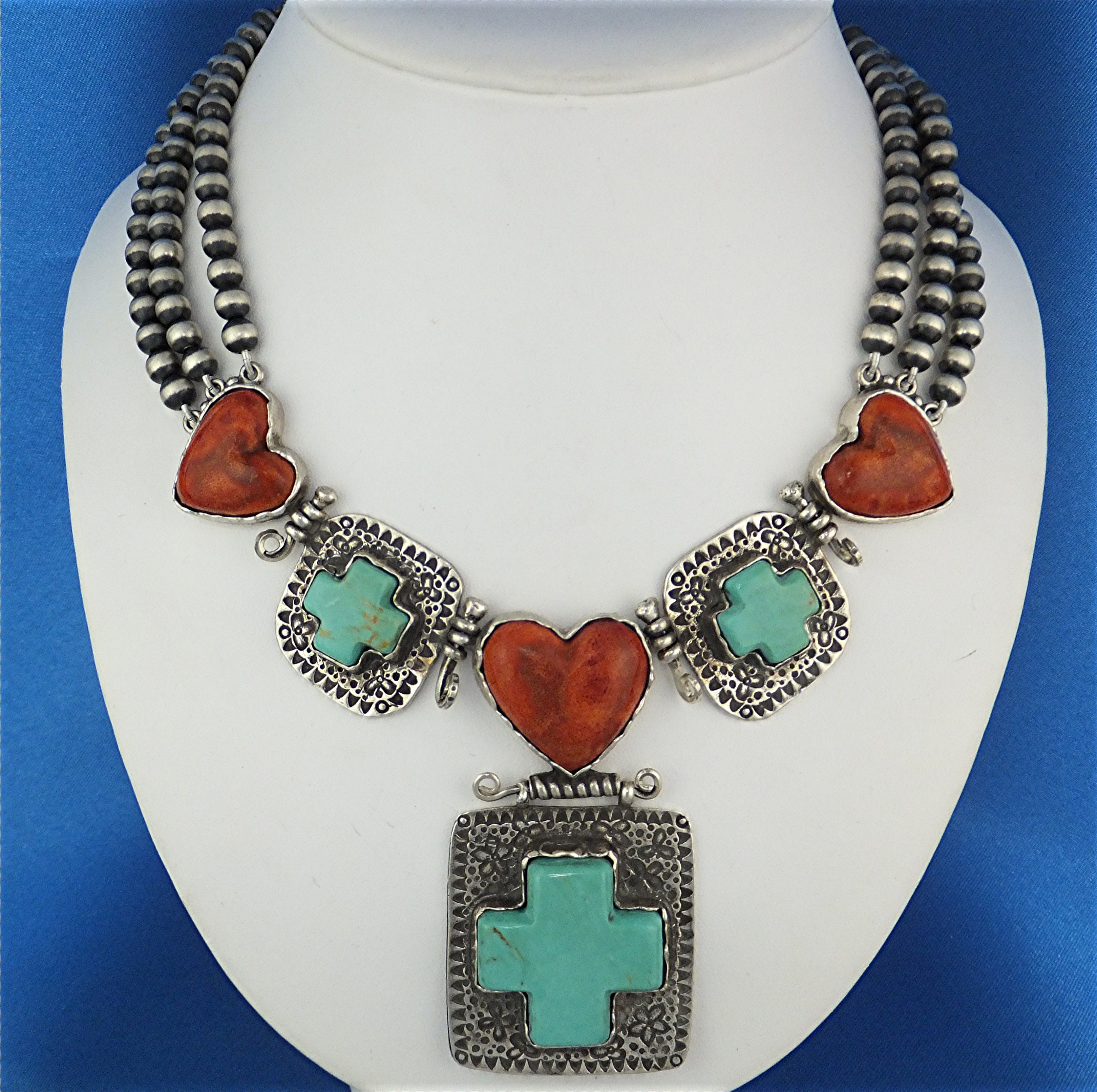 David Troutman Sterling Silver Turquoise Coral Hearts N