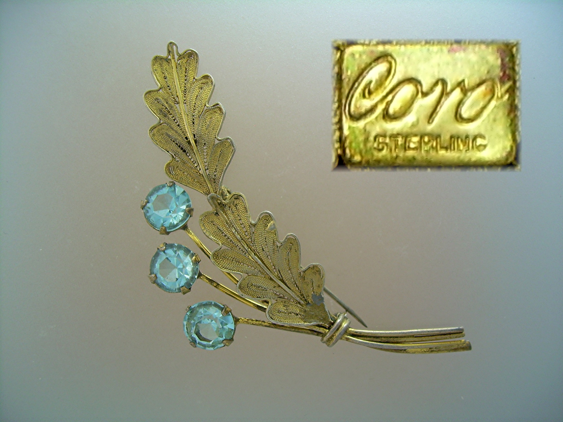 CORO  Sterling Silver gold Vermeil Aqua Crystal Pin