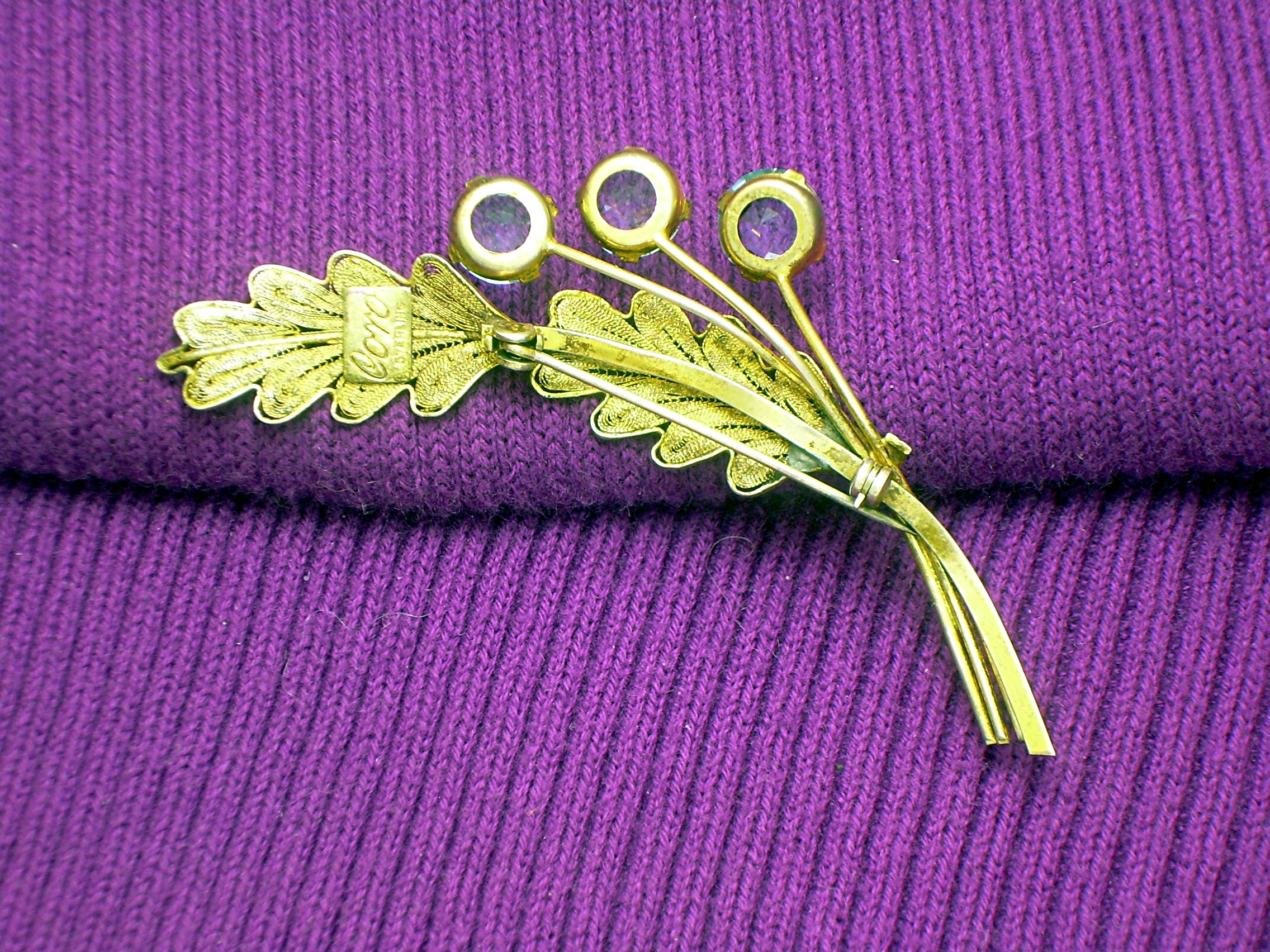 CORO  Sterling Silver gold Vermeil Aqua Crystal Pin